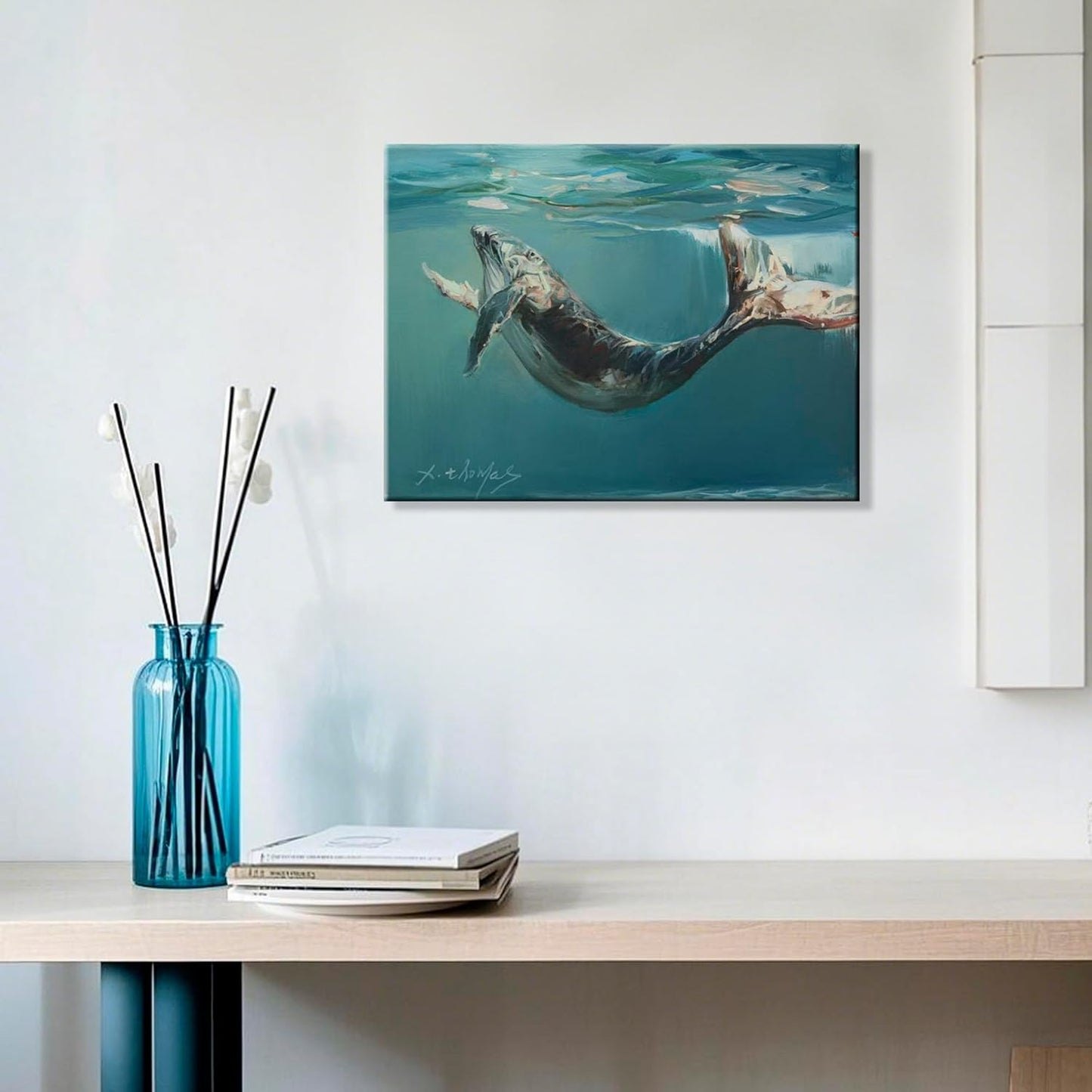 JZLDZS Whale Canvas Wall Art Coastal Bathroom Decor - Framed Blue Nautical Ocean Animal Pictures Wall Decor for Bedroom 12x16 Inch Ready to Hang