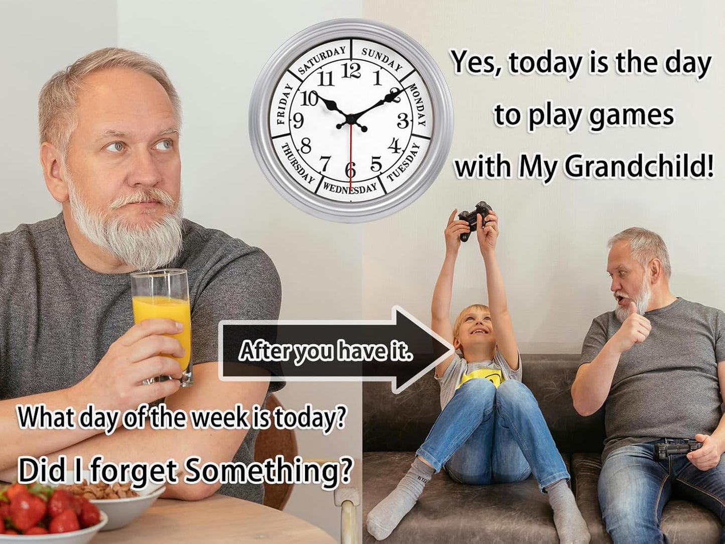 JENLYSTIME 12 Inch Retro Wall Clock,Classic Day of The Week Wall Clock,Silent Non Ticking Battery Operated Movement(Silver)