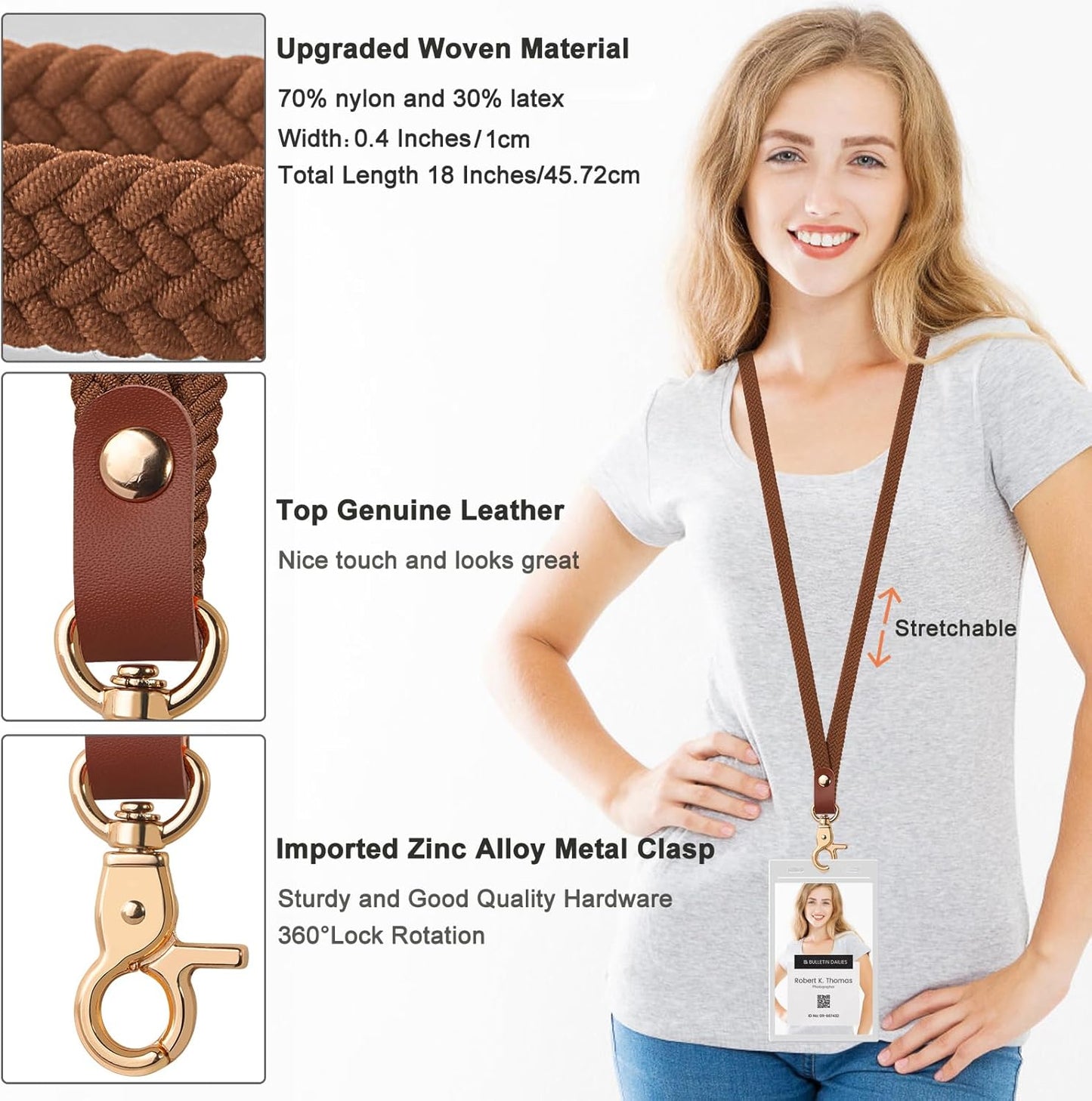 Fishent Stretchy Thin Lanyards for Keys ID Badges, Cute Long Teacher Neck Key Lanyard Keychains for Women Men Wallet Phone(Dark Brown)