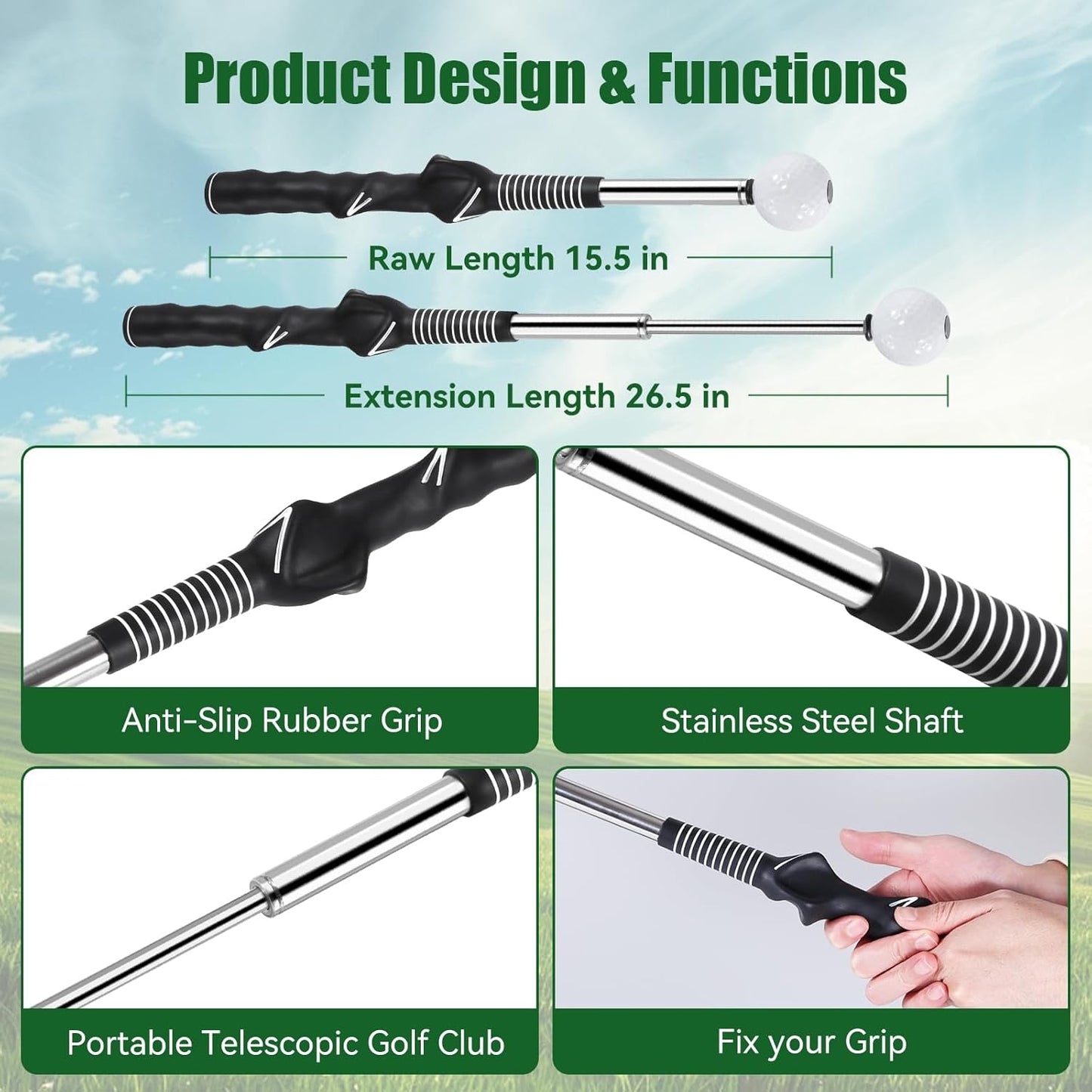 Retractable Golf Swing Trainer - Golf Swing Training Aid,Golf Grip Trainer ＆ Improve Swing Tempo | Click Stick Right-Handed Training Aid with Arm Band for All Golfers,Indoor & Outdoor Use