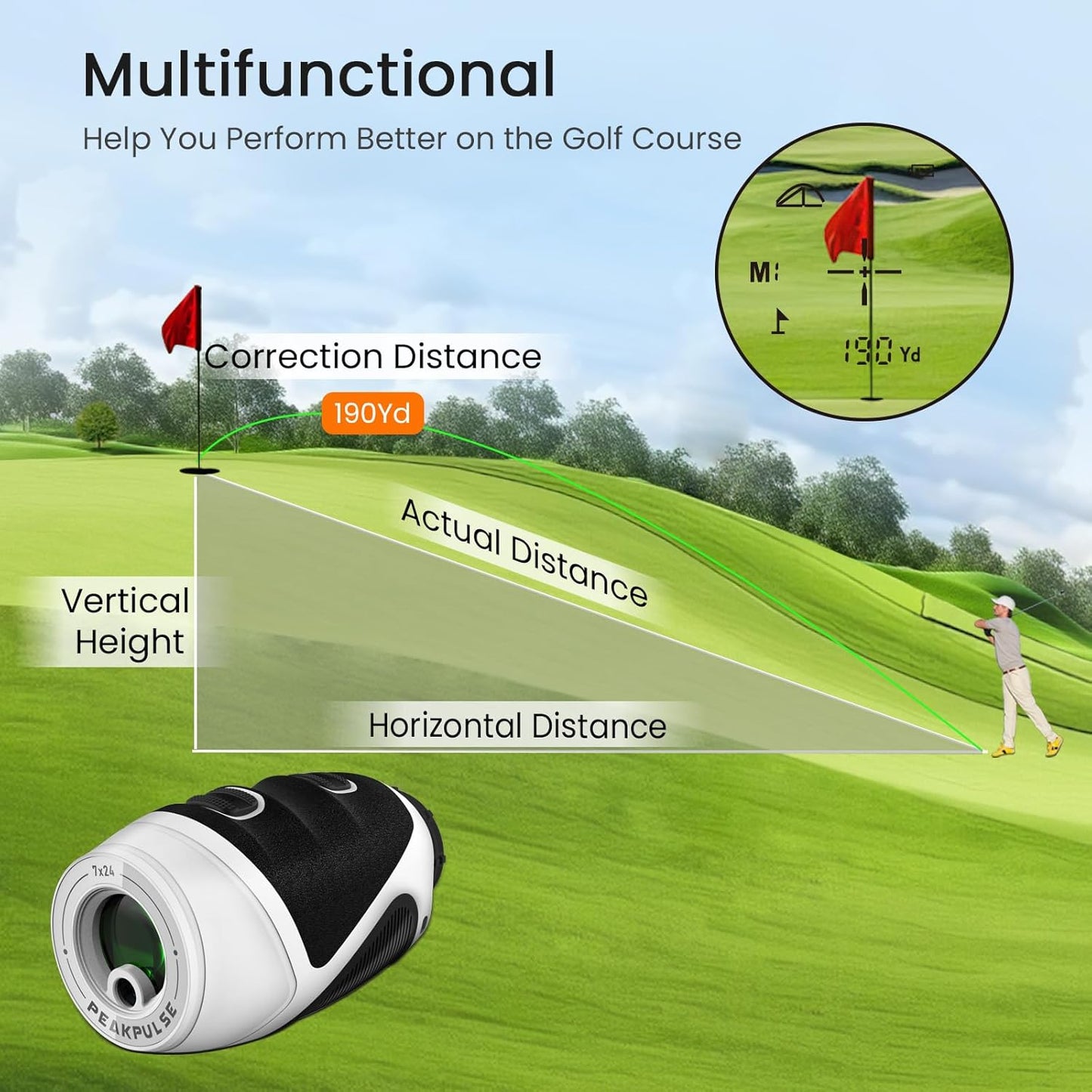 1200 Yards Mini Golf Range Finder for Golfer and Hunter Rangefinder HDLCD 7X Magnification with Slope for Hunting Men Women Rechargeable Flag Locked with Vibration Angle VD HD