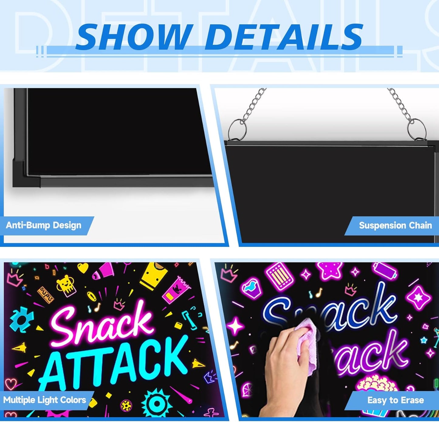 Hosim LED Message Writing Board 35"x27" Illuminated Erasable Neon Effect Restaurant Menu Sign with 8 Colors Markers, 7 Colors Flashing Mode DIY Message Chalkboard for Kitchen Wedding Promotions