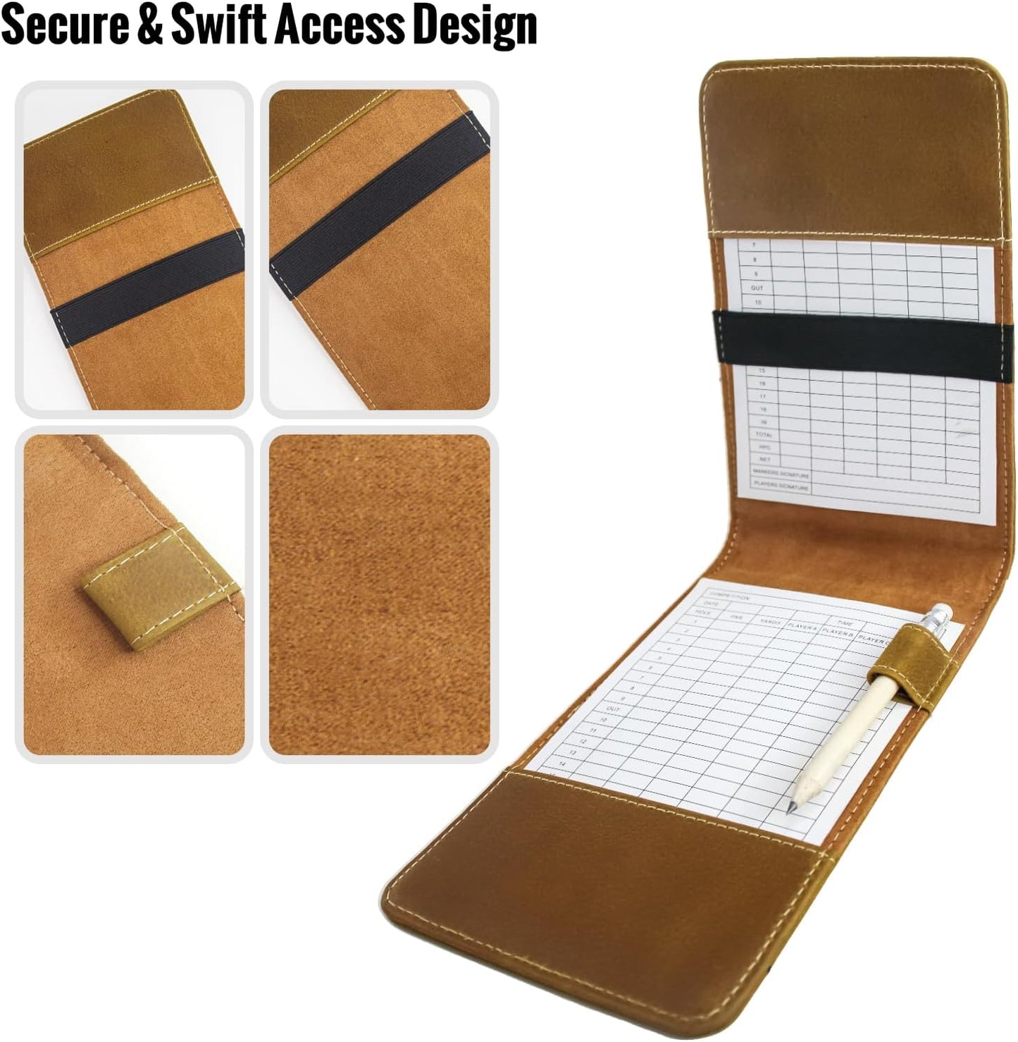 Leather Golf Scorecard Holder: USA Genuine Crazy Horse Leather Golf Yardage Book Cover with 1 Scorecard 1 Pencil Golf Notebook Back Pocket Cool Golf Gifts for Him Golfers Men