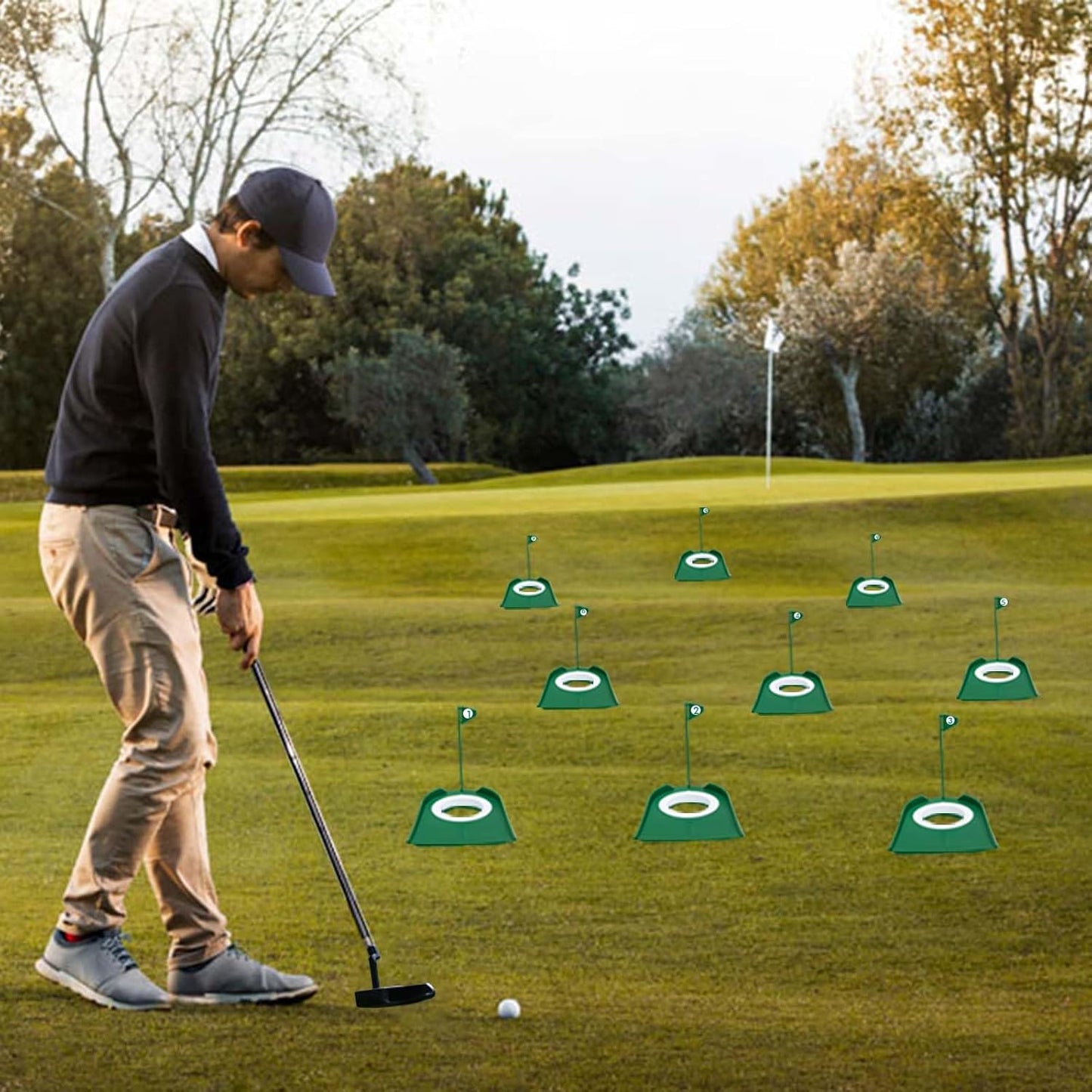 9 Pack Golf Putting Cups with Flags, Plastic Golf Training Aids with Golf Ball Retriever, Putting Training Hole Set for Indoor Outdoor