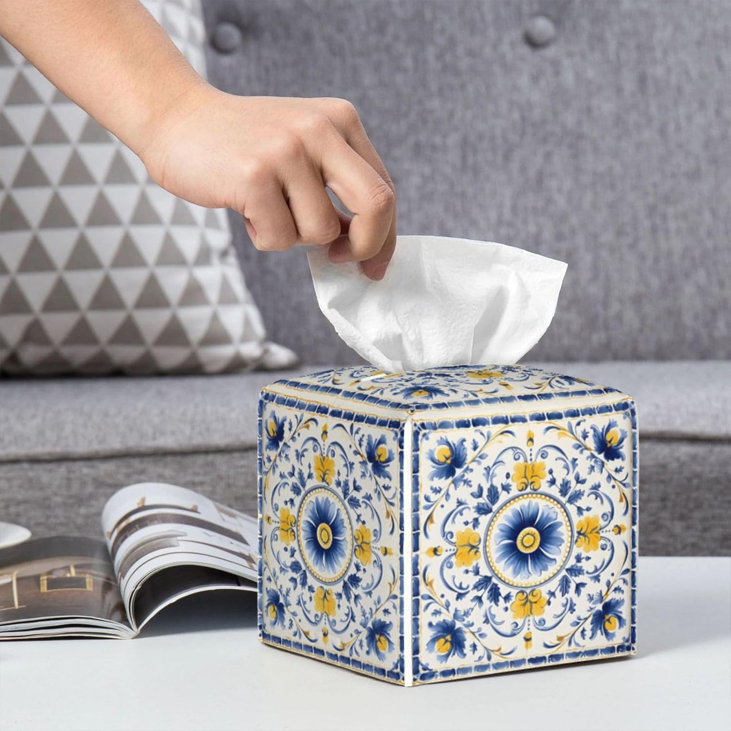 Tissue Box Cover Blue Yellow Antique Tiles Ornament Square PU Leather Tissue Box Holder for Car Bathroom Bedroom Desk Tabletop Decor