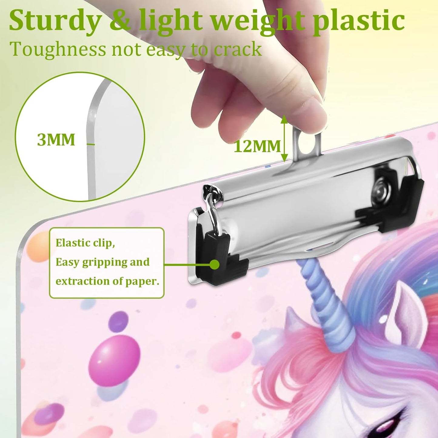 White Horse Clipboard,Decorative Rainbow Acrylic Clipboard with Low Profile Metal Clip for Office,School,Teachers,Students Standard Letter Size 9x12.5