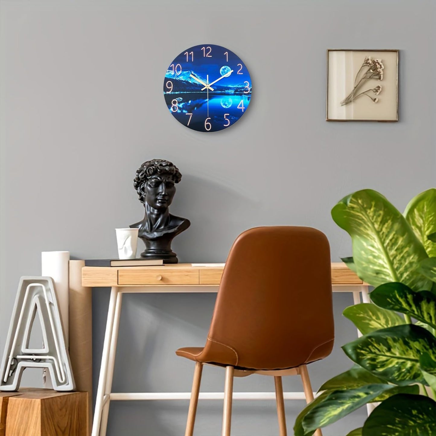 Big Wall Clocks Battery Operated 16 Inches or Larger Glass Moon Clock for Kitchen Blue Wall Clock Non Ticking