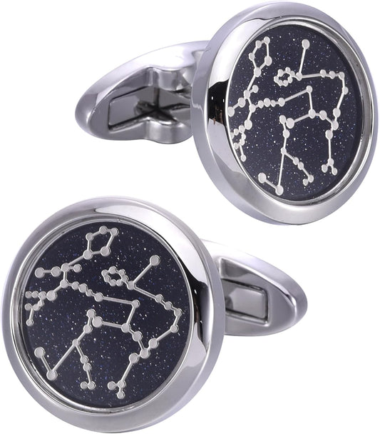 Sky Constellation Pattern Round Men's Cufflinks In Gift Case Sparkling Blue Goldstone Cufflinks for Men Jewelry for Wedding Party Business Birthday Anniversary Dress