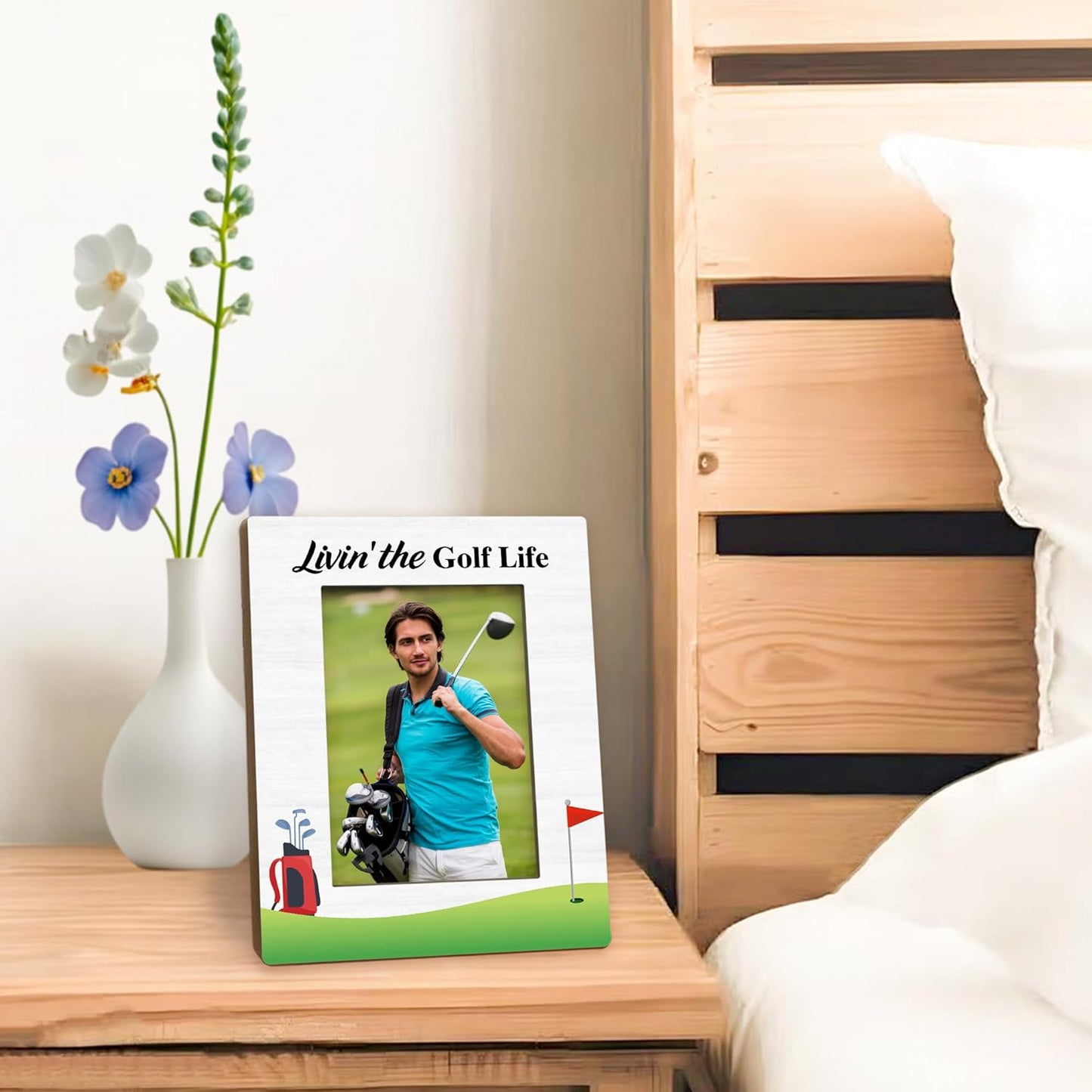 Golf Gifts Picture Frame 5x7, Gifts for Golfers Photo Frame, GolfGifts for Golfers Friends Women Men Dad, Livin'The Golf Life Holiday Wooden Picture Photo Frames for Desk Home Room Decor