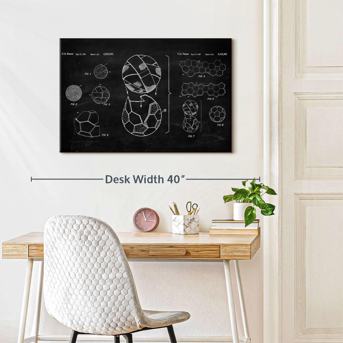 ElephantStock Soccer Ball BW Patent Canvas - 1 Panel Sports Patent Wall Art Decor - Sports Decorations for Boys Room - Wall Art and Office Decor - 30" X 20"