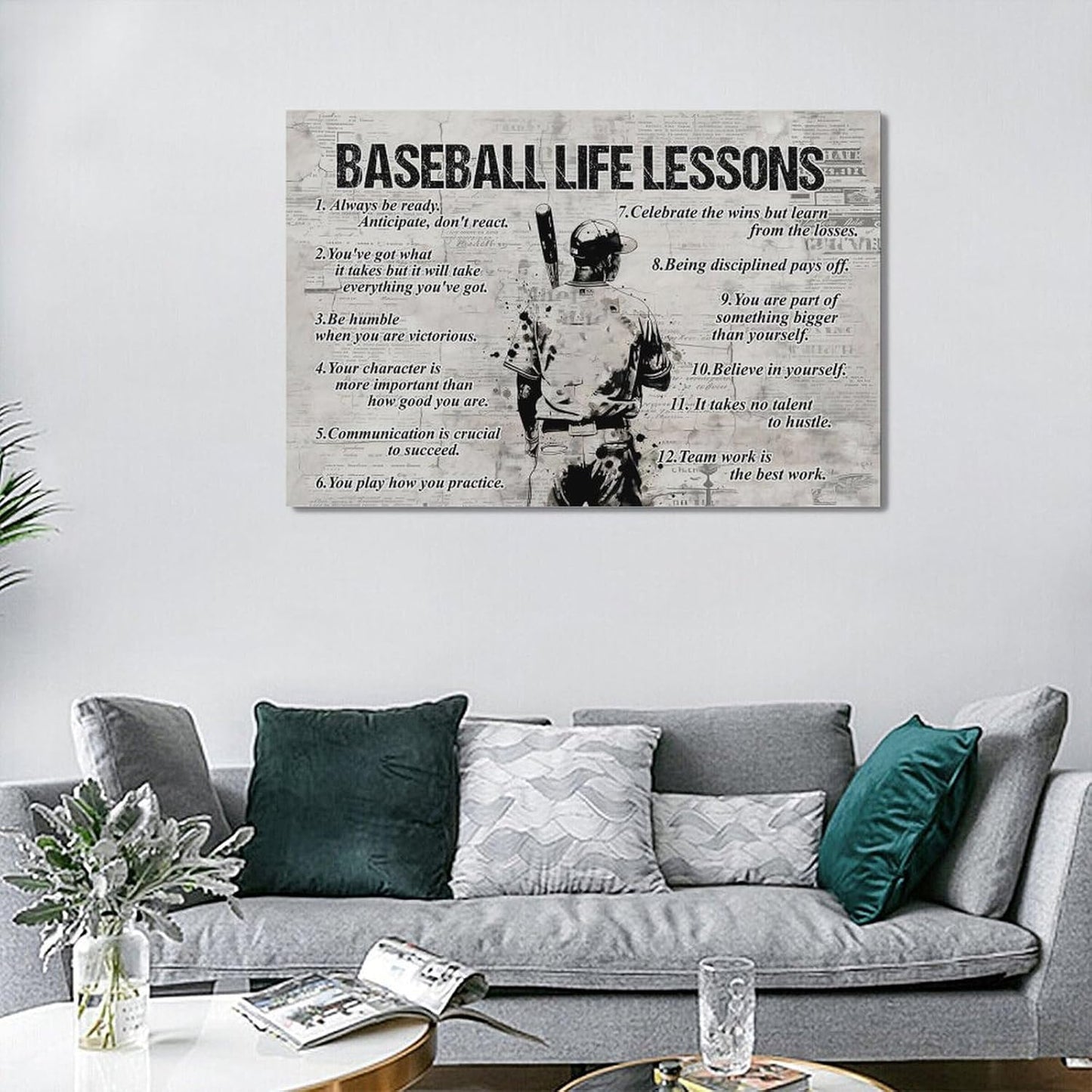 Baseball Sports Wall Art Baseball Life Lessons Wall Decor Baseball Sign Retro Poster Boy Men Room Motivational Decorations Canvas Print Painting Artwork for Bedroom Bathroom Living Room 24"x16"