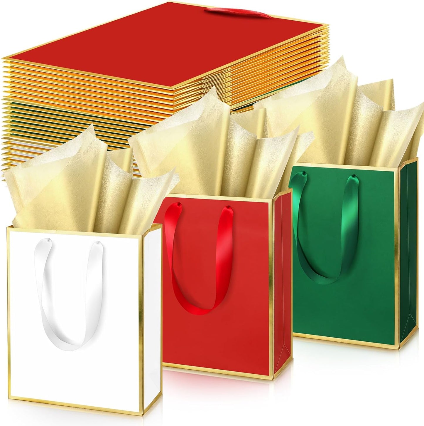 Yeaqee 24 Pack Metallic Paper Gift Bags with Handle and Tissue 9x7x3.1 Gold Foil Welcome Favor Bags Return Gifts for Wedding Fall 5 Senses Christmas Bridesmaid Birthday (Red Green White)