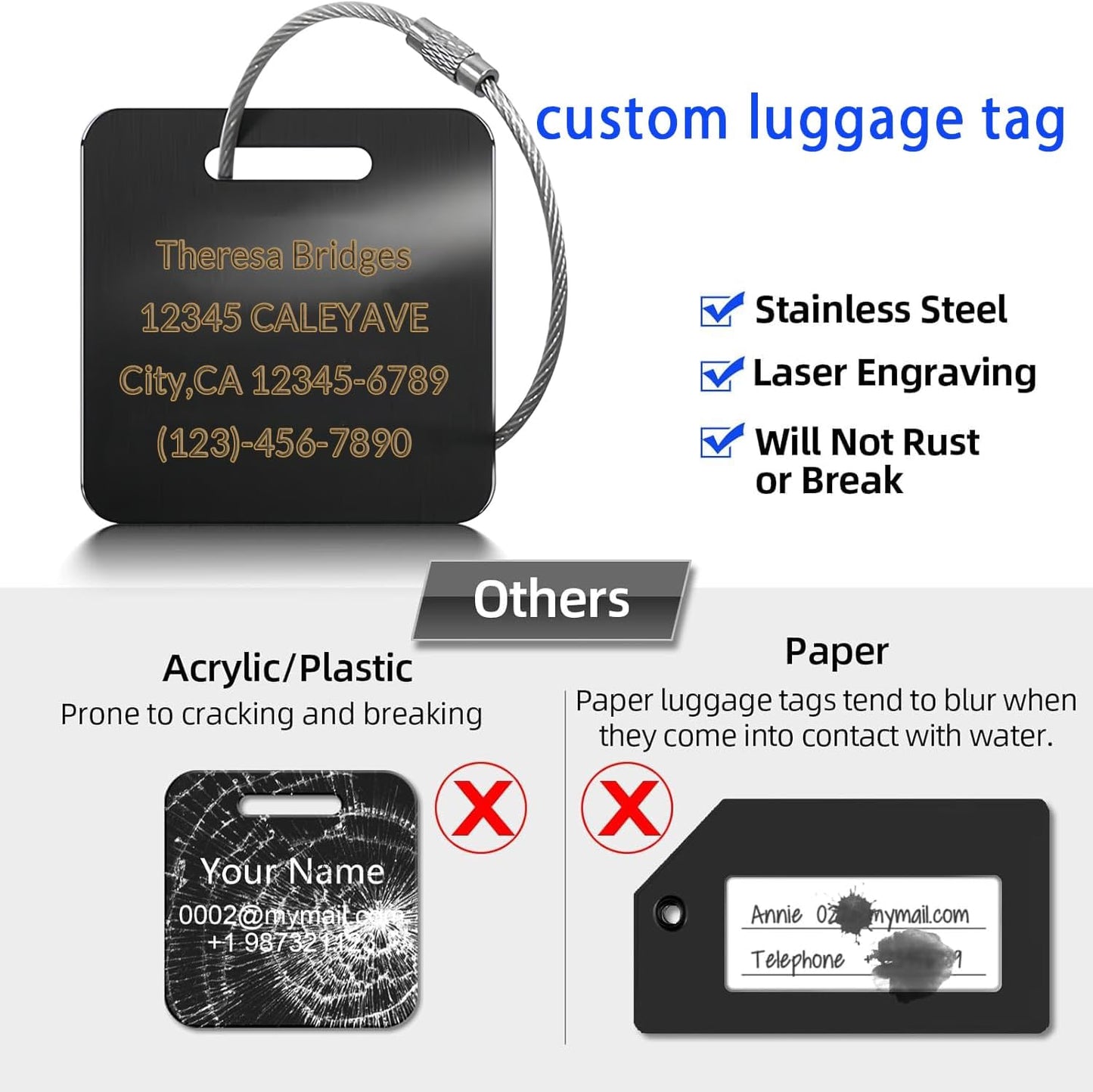 5 Pack Custom Engraved Luggage Tags, 2 x 2 inches Waterproof Personalized Luggage Tags, Aluminum Personalized Bag Tags for Suitcases/Backpack/Luggage Accessories [Silver]
