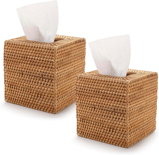 2 Pack Rattan Tissue Box Cover Square, Hand Woven Wicker Tissue Holder, 5.5 x 5.5 X 5.7 inch, Natural