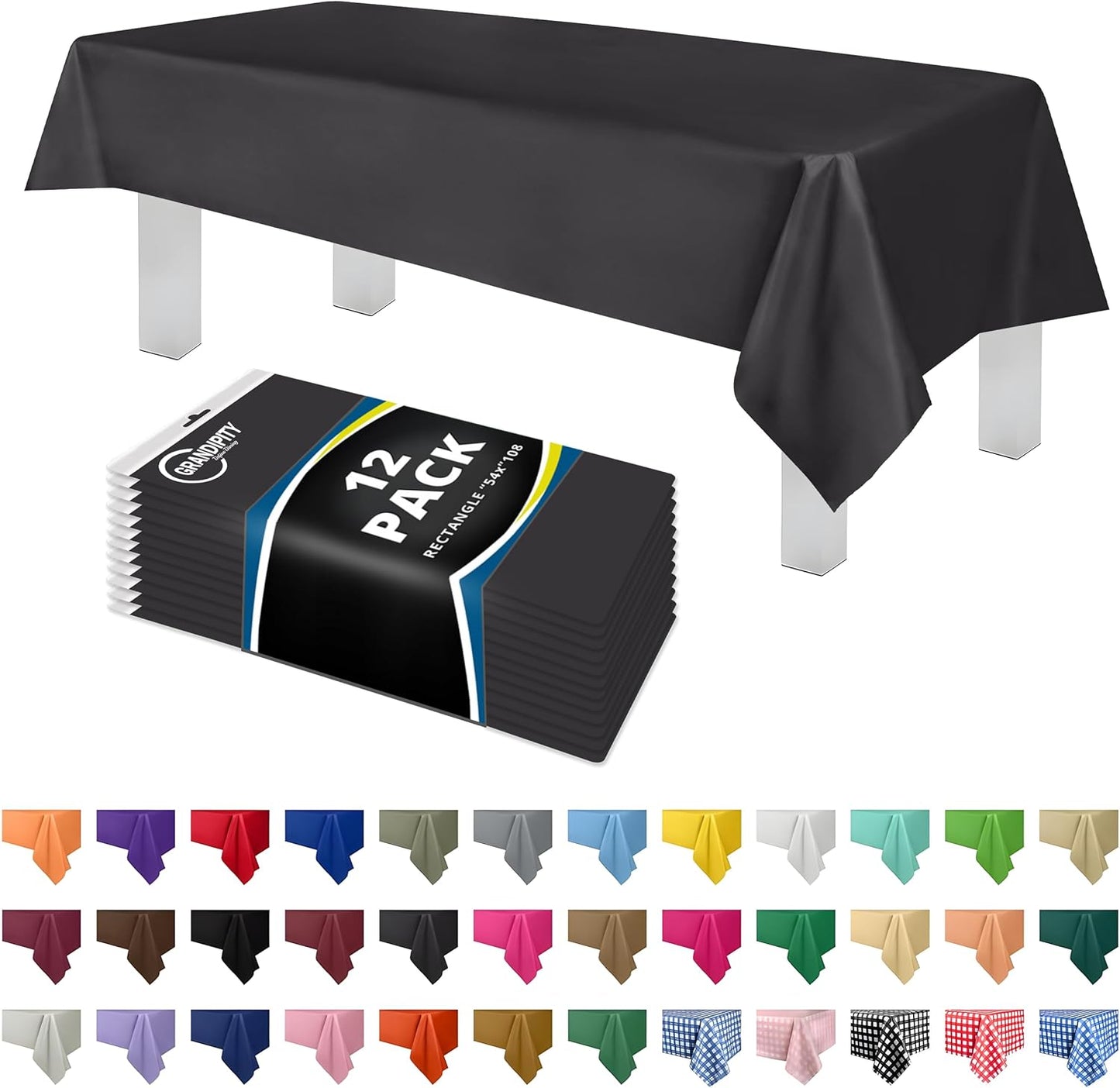 Grandipity 12 Pack Premium Disposable Plastic Tablecloth 54 Inch. x 108 Inch. Decorative Rectangle Table Cover - Dark Grey