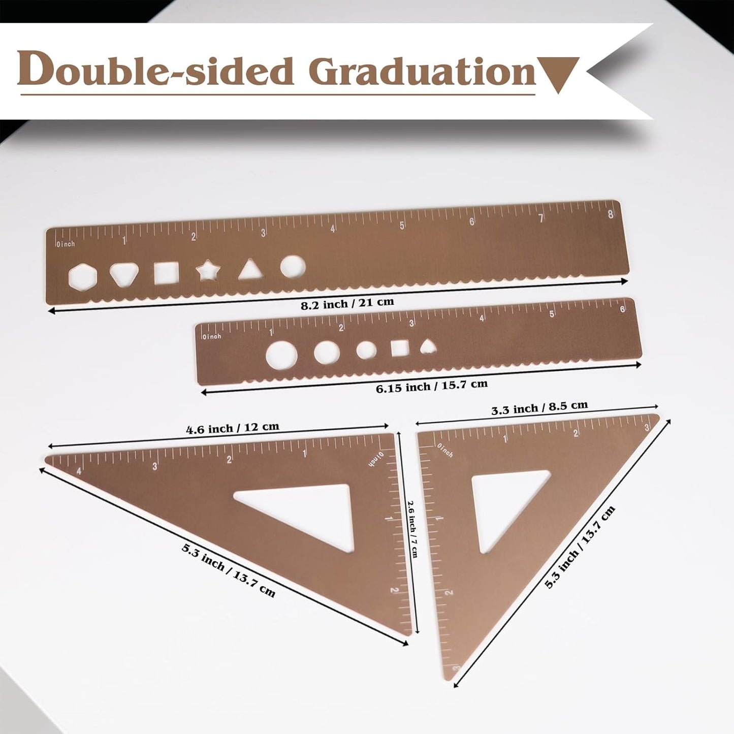 5 Pcs Metal Geometry Set, Math Drafting Ruler Kit- Aluminum Triangle Rulers, Protractor, 8 Inch and 6 Inch Drawing Ruler, Measuring Tool for School and Office (Metric and Inch, Gold)