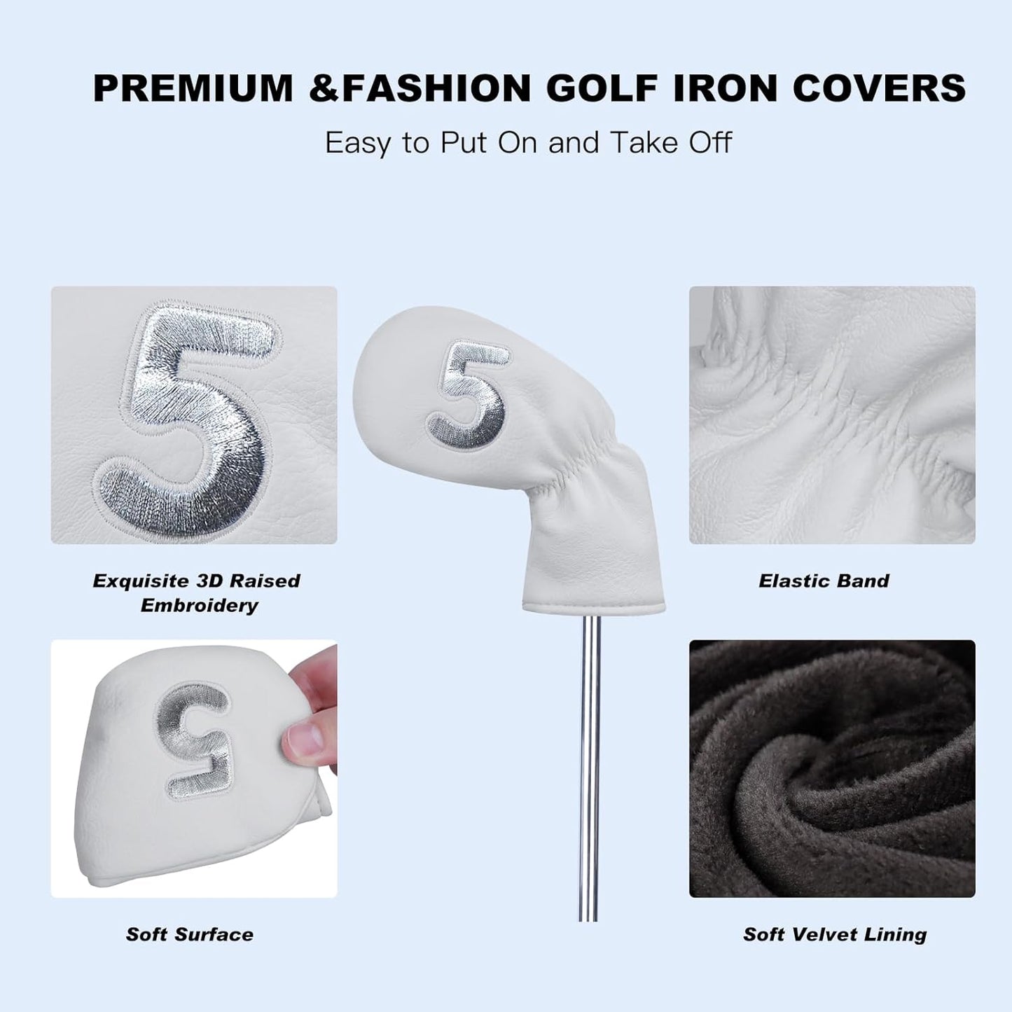 10 Pcs Iron Covers for Golf Clubs, Premium PU Leather Golf Iron Covers with Embroidered Big Numbers, Fits Most Iron Clubs and Hybrid Irons, Easy On and Off