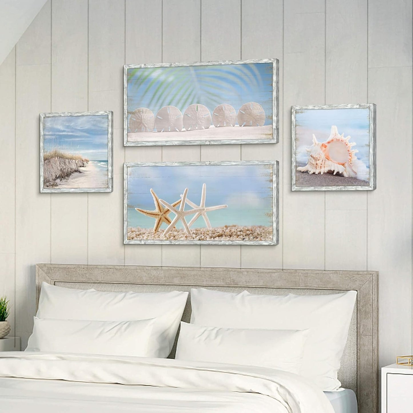 Beach Prints Wooden Wall Art: Seashell Conch Starfish Pictures Collection Set of 4 Ocean Art Seaside Framed Wall Decor for Living Room Overall 48"W x 32"H