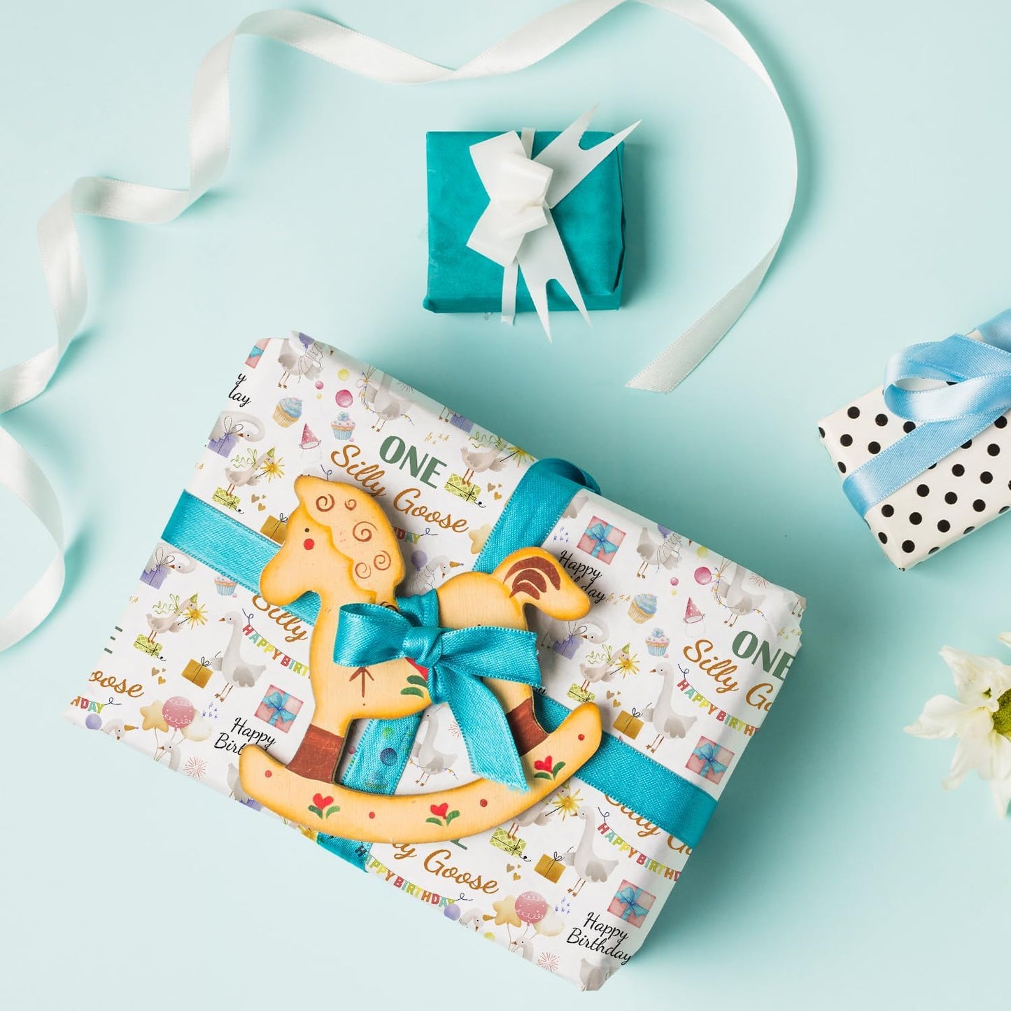 MJSXY Goose Wrapping Paper, One Silly Goose Birthday Decorations. 5 Sheets 19.6x27.5 Inch with White Gooses & Balloons for 1st Birthday Gift Wrapping, Baby Shower Party Supplies Decors.