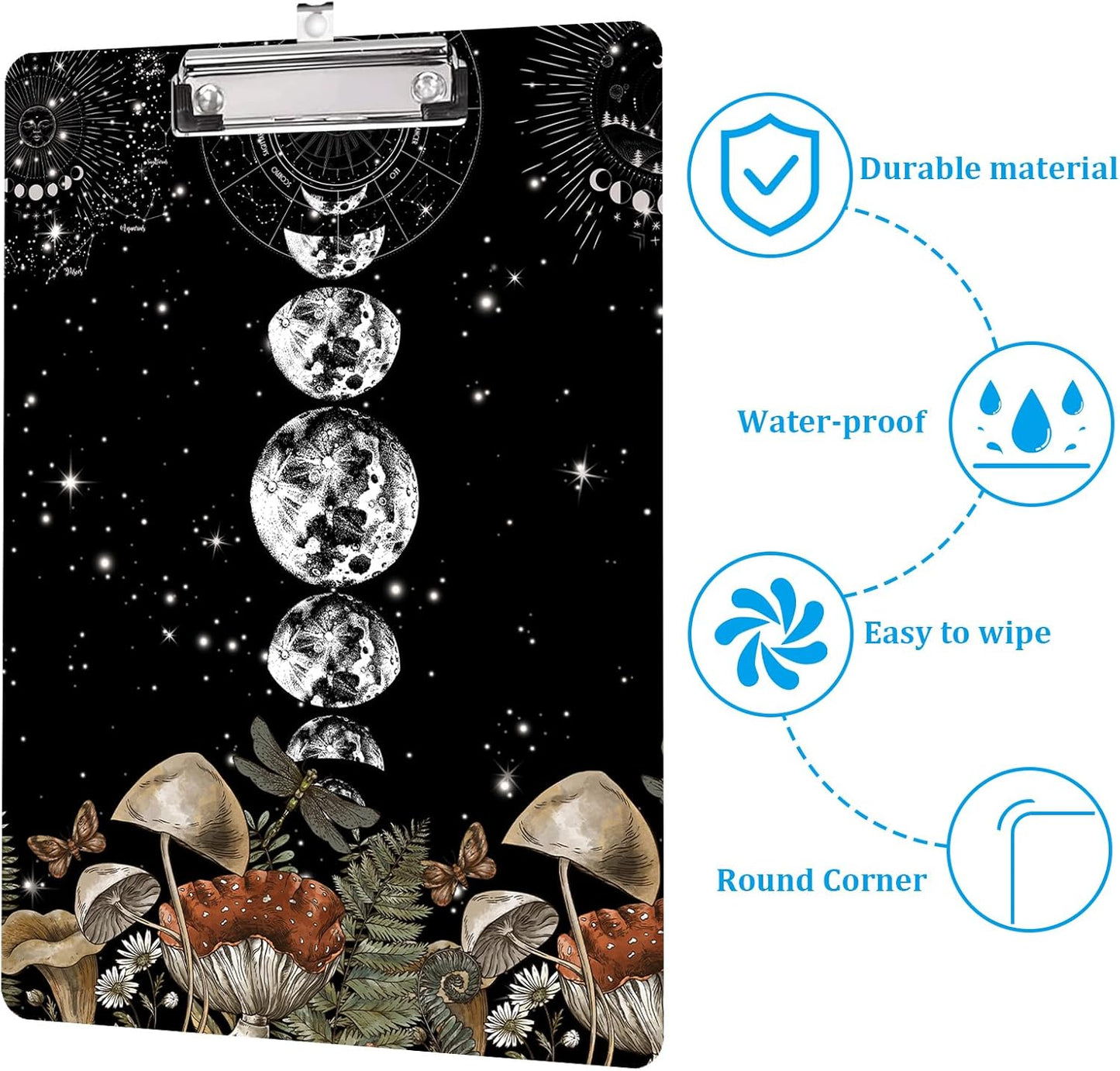 Vintage Mushroom and Moon Phase Clipboard A4 Letter Size Plastic Decorative Clipboards for Teacher,Nurse Doctor Student and Kid Cute Design for Standard Size 12.5 x 8.7