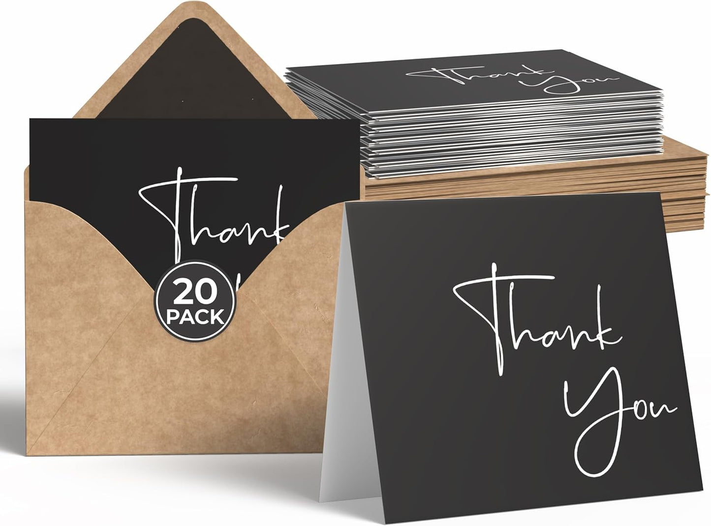 VNS Creations 20 Pack Thank You Cards With Envelopes, Stickers, 4x6 Inch Blank Thank You Notes - Bulk Box Set Large Notes for Graduation, Wedding, Small Business, Baby & Bridal Shower - Black