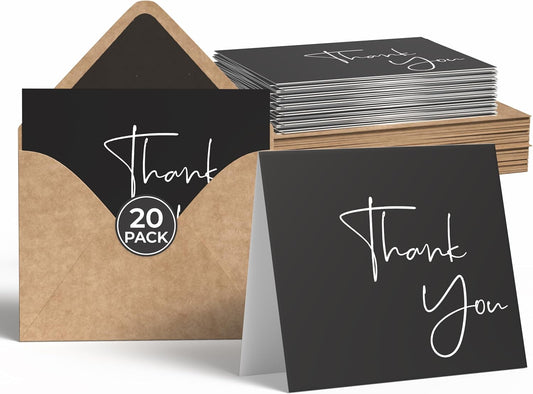 VNS Creations 20 Pack Thank You Cards With Envelopes, Stickers, 4x6 Inch Blank Thank You Notes - Bulk Box Set Large Notes for Graduation, Wedding, Small Business, Baby & Bridal Shower - Black