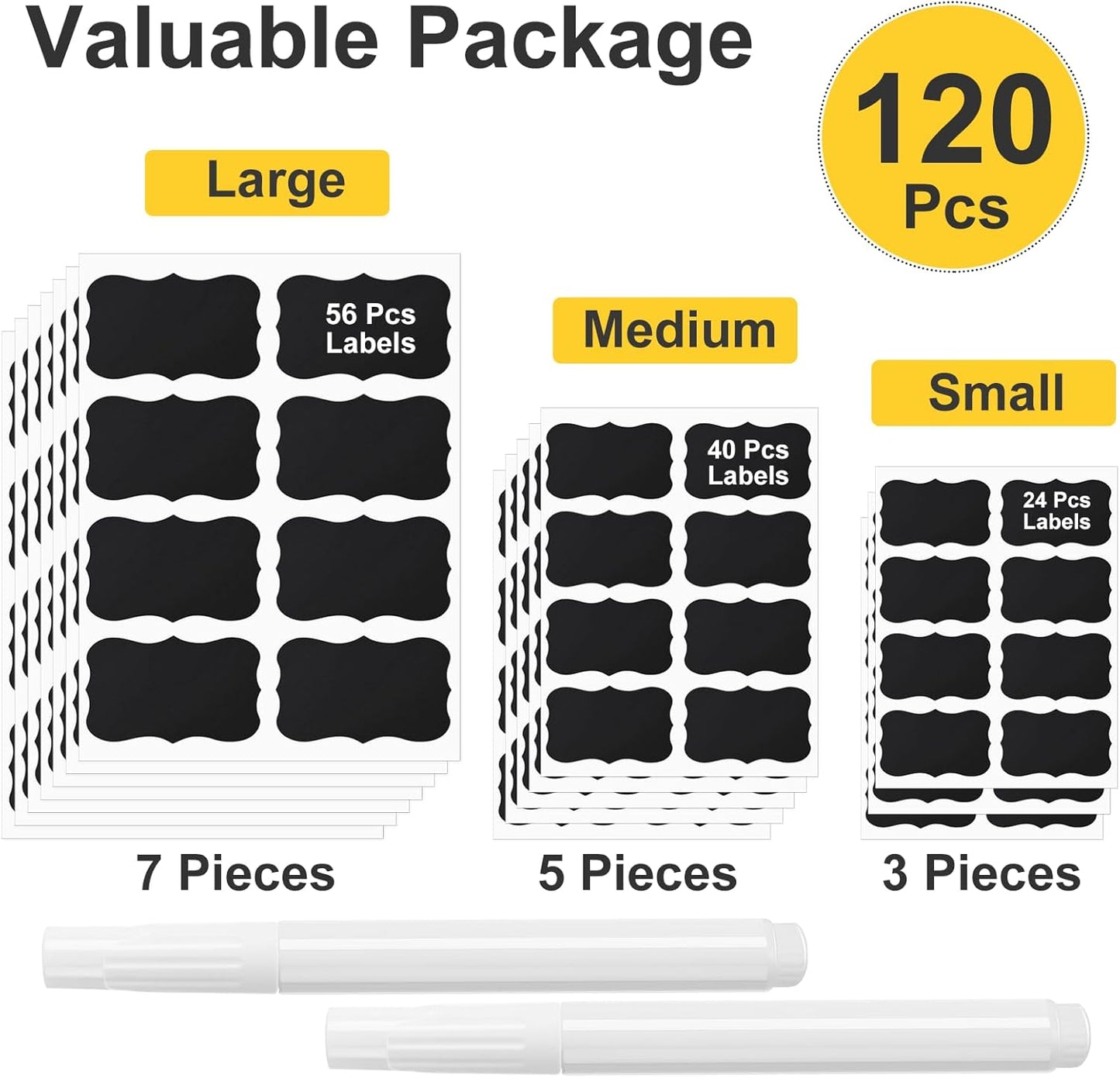 120 Pcs Chalkboard Labels for Storage Bins, Chalk Labels for Containers, Waterproof Mason Jar Labels, Reusable Chalk Labels for Mason Jar, Parties Decoration, Weddings, 2 Liquid Markers