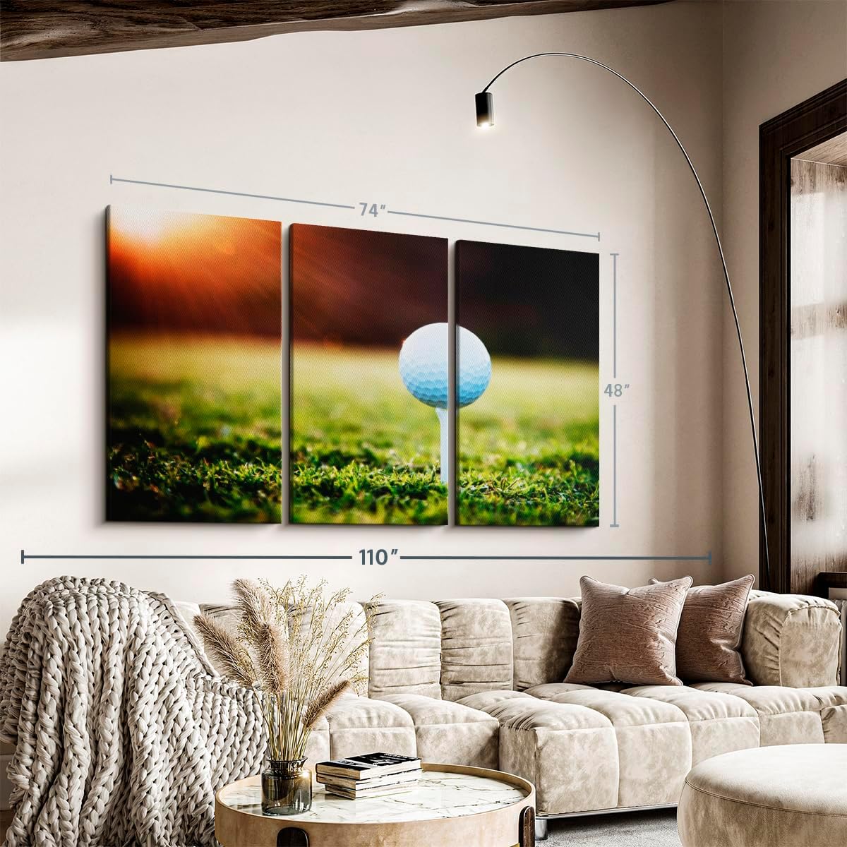 ElephantStock Golf Ball Tee Wall Art - Horizontal Canvas - 3-Piece Living Room Wall Decor - Photography Photographic Canvas Print - Black and White Decor for Wall - 74" X 48"