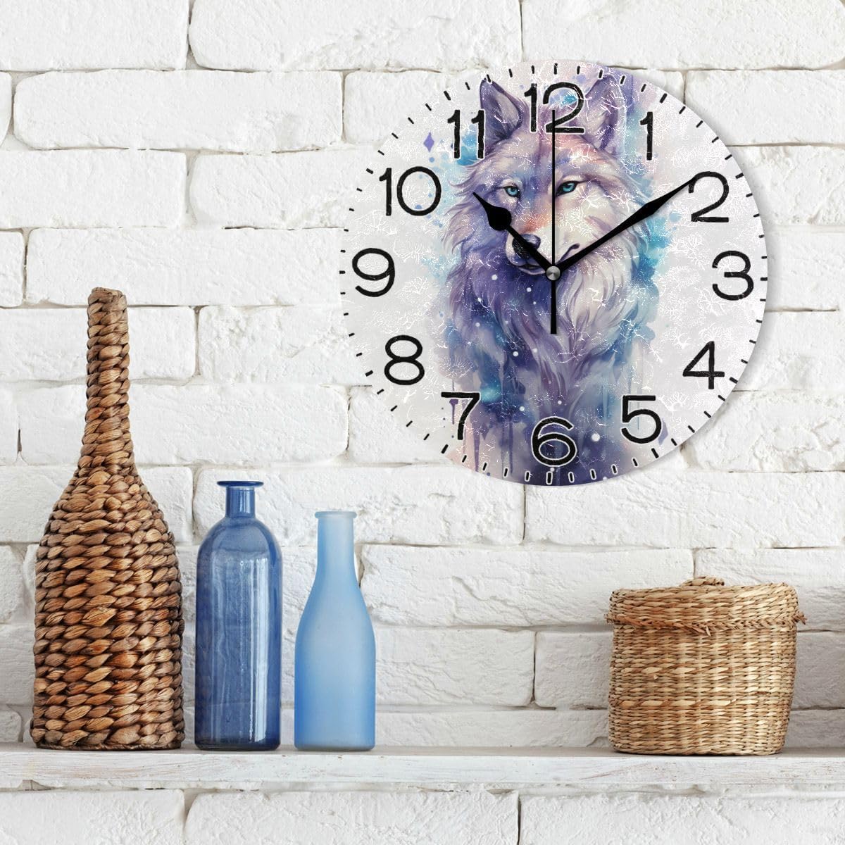 Beautiful Painting Wolf Wall Clock Battery Operated Non Ticking Silent Quartz Analog Rustic Farmhouse Round Clock Retro Decor for Home Kitchen Living Room Bathroom