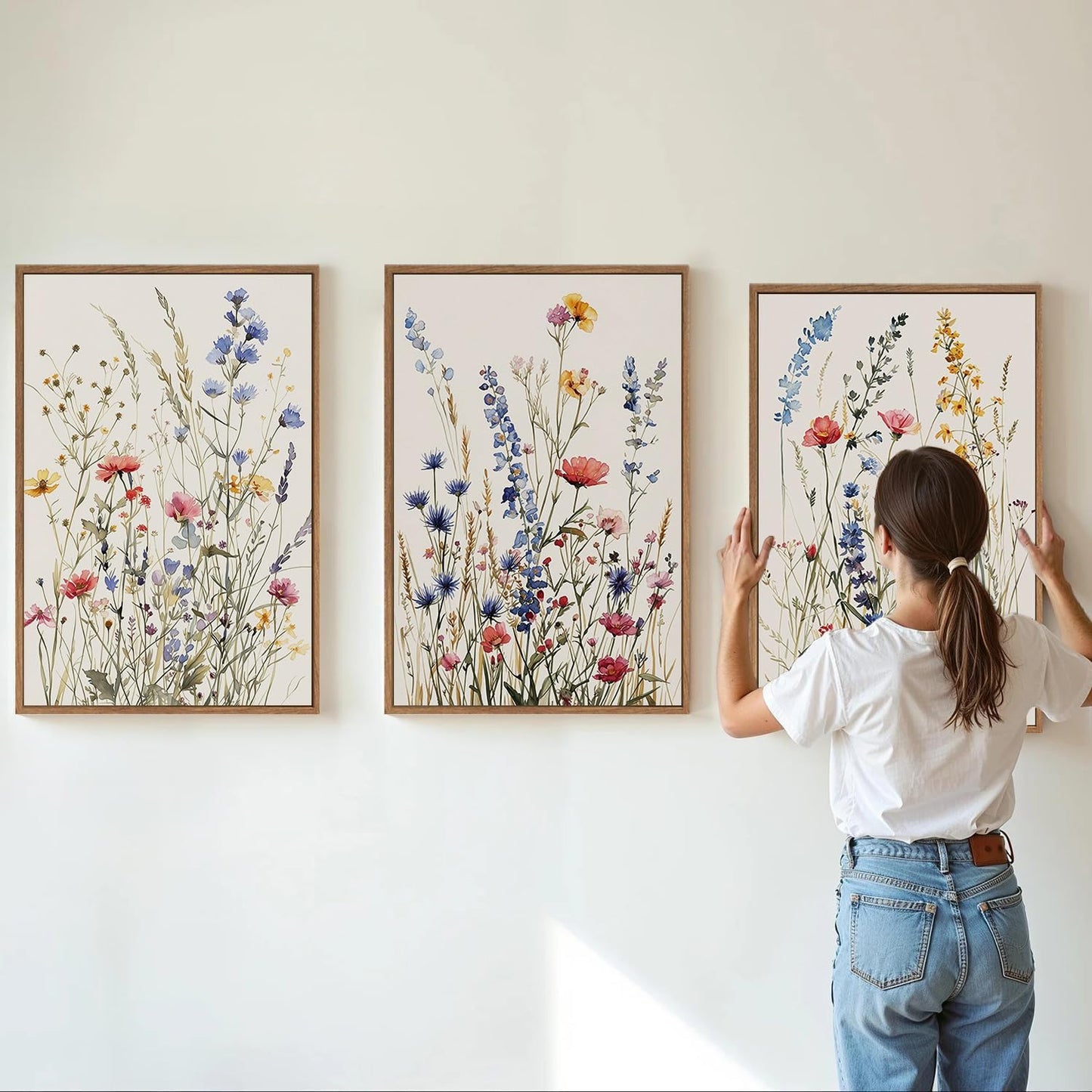 MTFBWY 3Pcs Framed Wildflower Canvas Wall Art – Floral Wall Art Watercolor Prints, Blue Botanical Artwork, Colorful Flower Pictures Decor Printing for Living Room, Girls Bedroom, or Bathroom, 16L" x 12W"