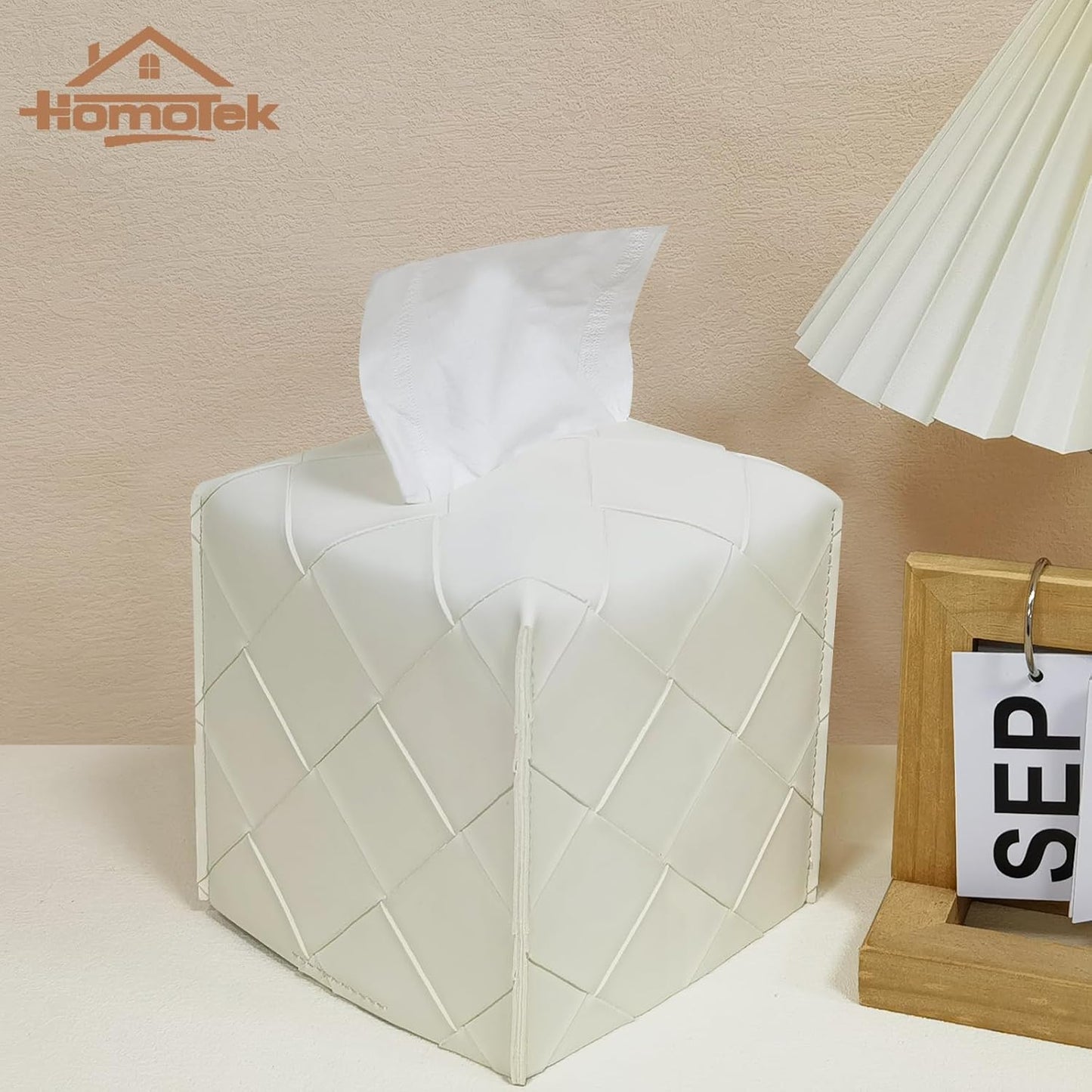 HOMOTEK 2 Pack Tissue Box Cover, PU Leather Tissue Holder,Square Decorative Facial Tissue Cube Paper Organizer Dispenser for Bathroom, Night Stands, Desk, Car 5X5X5'' - Woven Textured, White Ivory