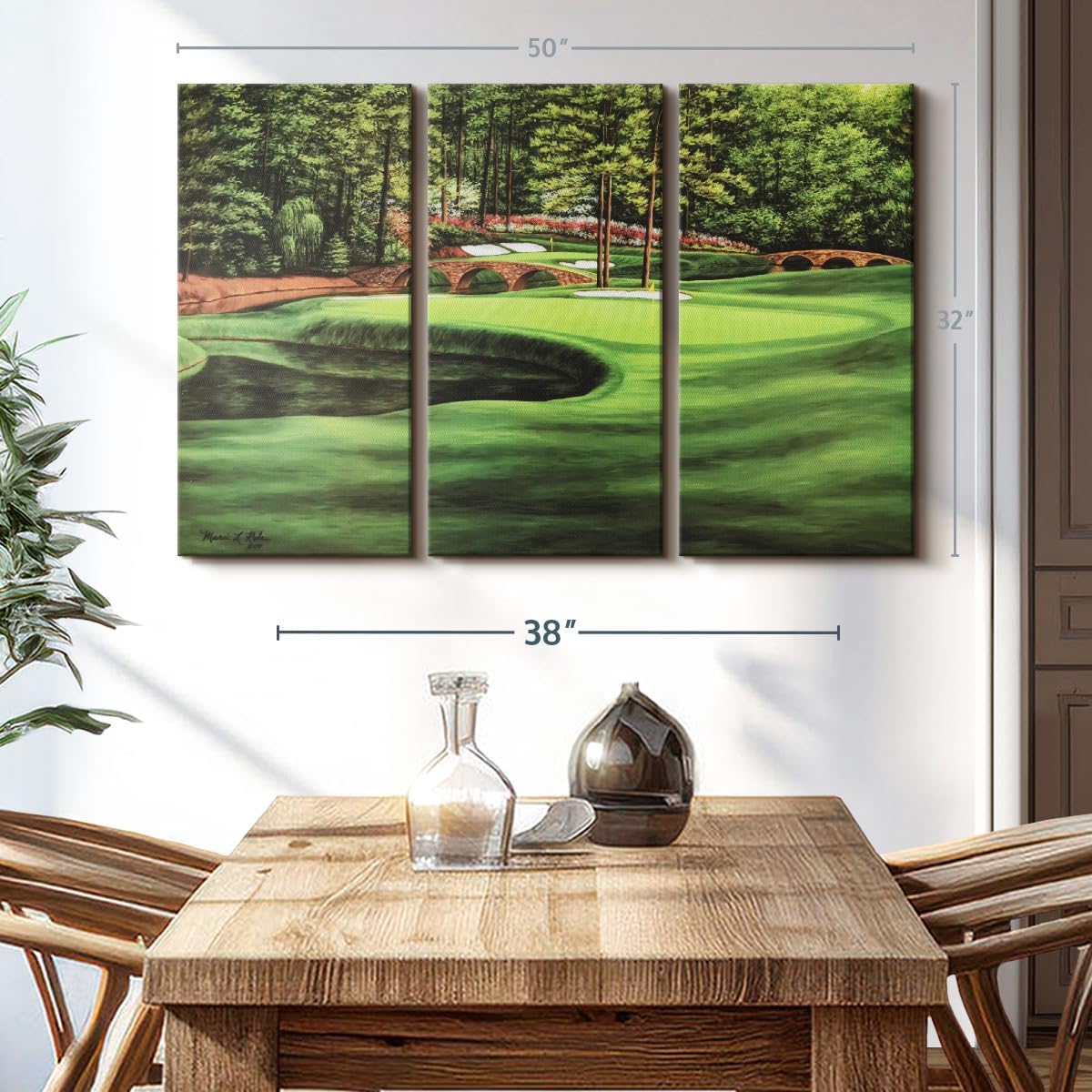 ElephantStock Augusta National 11th Hole I Wall Art - Horizontal Canvas - 3-Piece Living Room Wall Decor - Painting Sports Canvas Print - Green and Brown Decor for Wall by Marci Rule - 50" X 32"