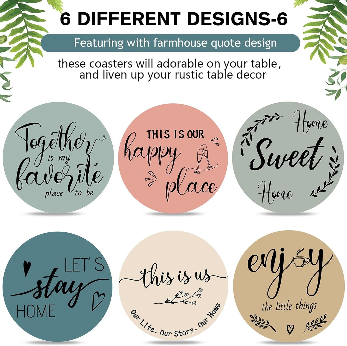 Queekay Housewarming Gifts for Home Decoration Wooden Heart Coasters for Drinks 6 Set Farmhouse Coasters with Holder Funny for Family Coffee Table Protection, 4''(Light Color)