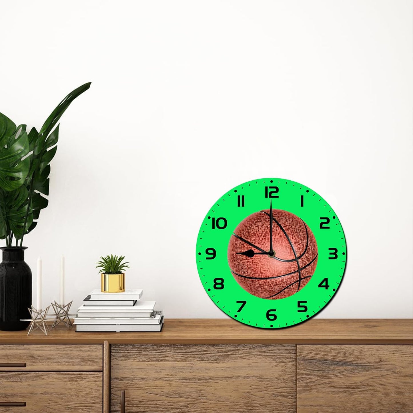 Soliyoahee Basketball Clock Round Wooden Wall Clock Home Decor Silent No Tick Battery Powered for Living Room Bedroom Kitchen Bathroom 10inch