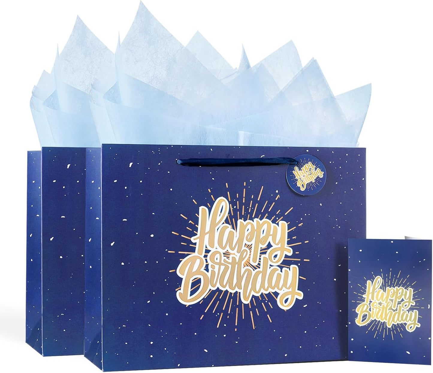 13" Blue Happy Birthday Gift Bag with Tissue Paper and Greeting Card for Party,Happy Birthday Gift Bag for Men Women, Gift Bags Medium size(2 PCS Blue)