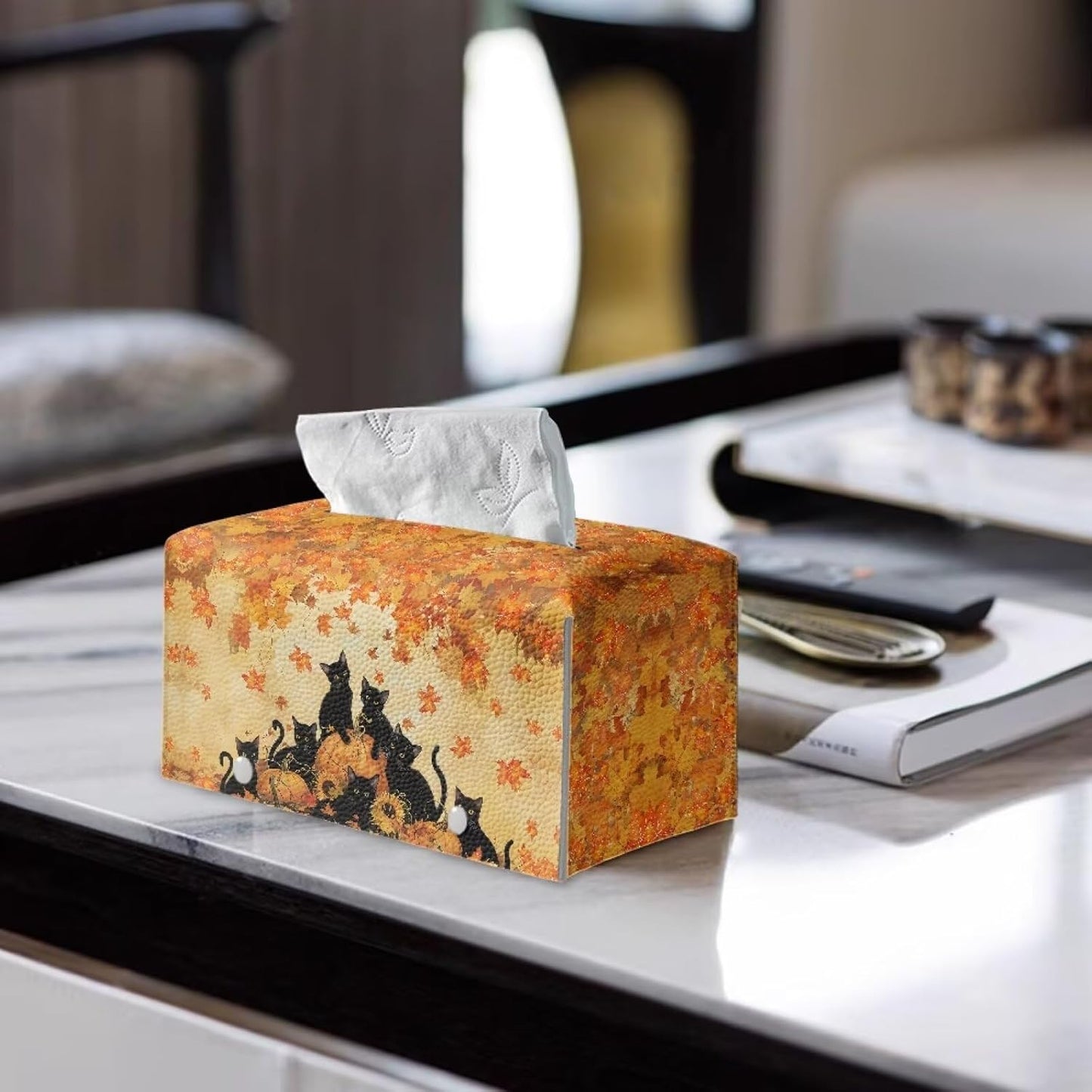 Fall Tissue Box Cover Rectangular Black Cat Maple Leaf Pumpkin Print 9.7"x5.2"x5.12" PU Leather Tissue Cover Decorative Organizer with Bottom Belt Easy to Install Car Decoration
