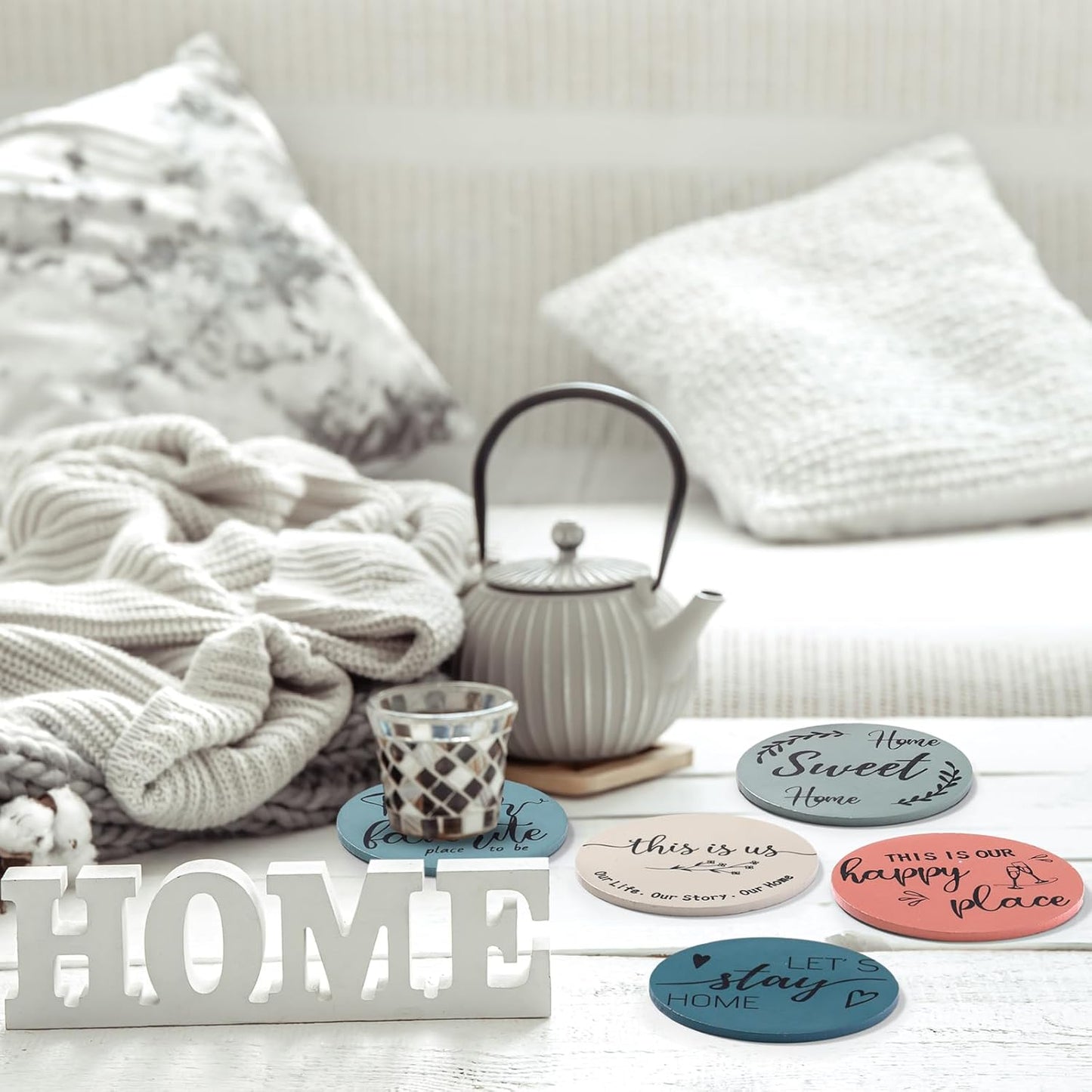 Queekay Housewarming Gifts for Home Decoration Wooden Heart Coasters for Drinks 6 Set Farmhouse Coasters with Holder Funny for Family Coffee Table Protection, 4''(Light Color)