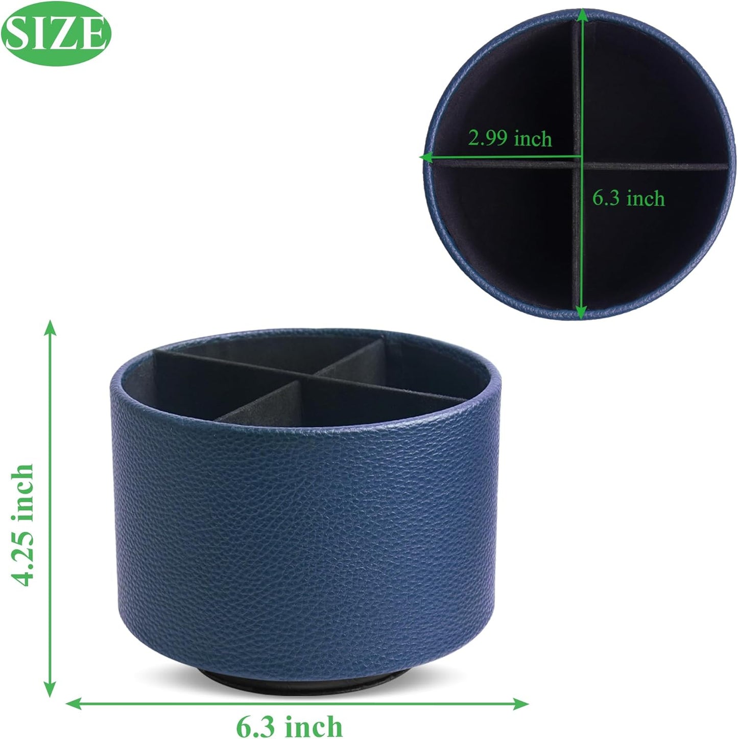 Hennaja Round Leather Art Supply Organizer,Remote Control Holder,360 Degree Spinning,Multi-Functional Pencil Holder,4 Compartments Desktop Stationary Organizer(1-Lichee Blue)