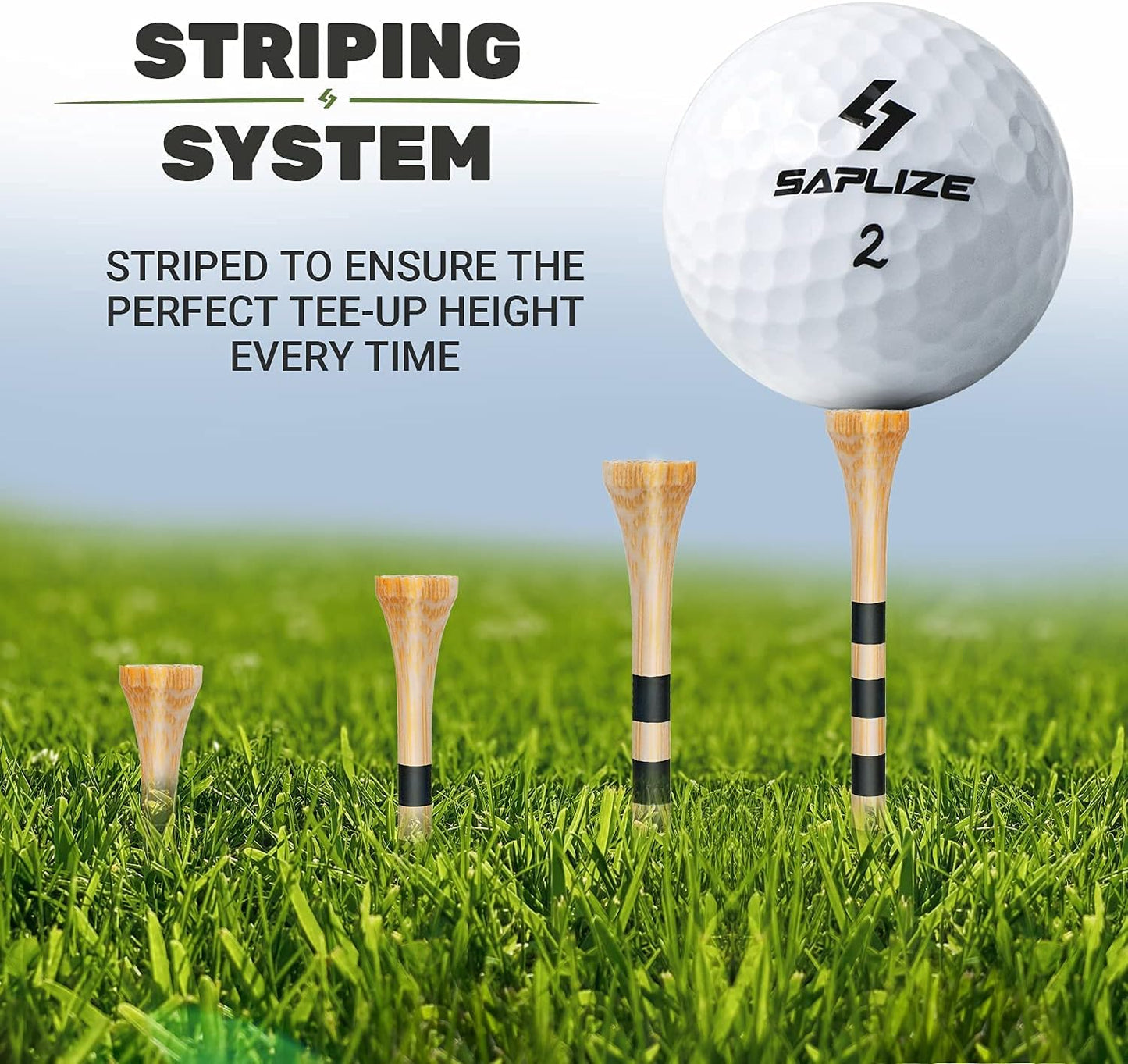SAPLIZE Bamboo Golf Tees Pack of 100 or 150, Four Size Options (3-1/4", 2-3/4", 2-1/8", 1-1/2"), Stable and Reliable Golf Tees, Available in Natural Color