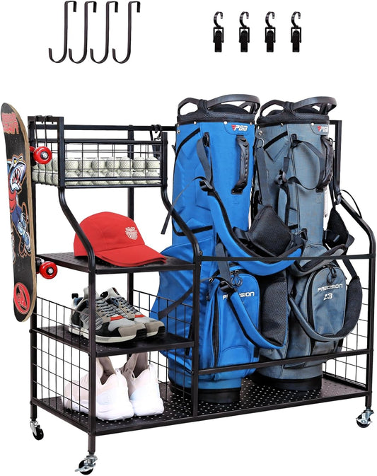 Golf Storage Rack Golf Bag Organizer for Garage, Golf Club Holder Extra Large Golf Bag Stand for 2 Golf Bags、Golf Equipment Accessories