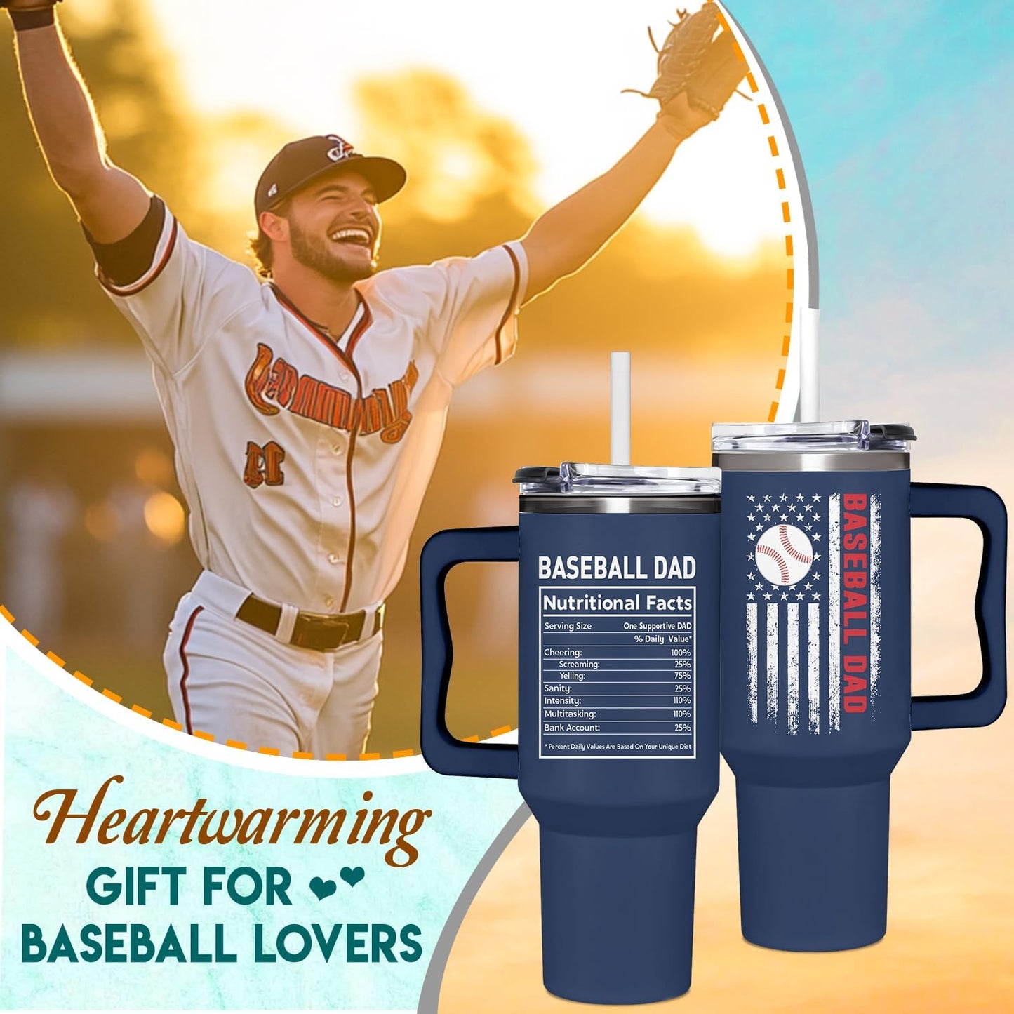 Baseball Gifts, Baseball Dad 40oz Tumbler, Baseball Dad Gifts For Sports Enthusiast Dads, Custom Travel Mug, Perfect Baseball Gifts For Dad, Birthday, And Christmas Presents For Baseball Lovers