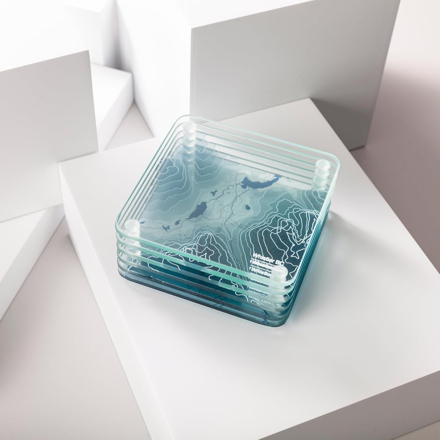 Whistler, BC 3D Contour Map Glass Drink Coasters of Mountains, Ski Resort, Set of 6 with Holder, Housewarming Birthday Gifts, Home Decor