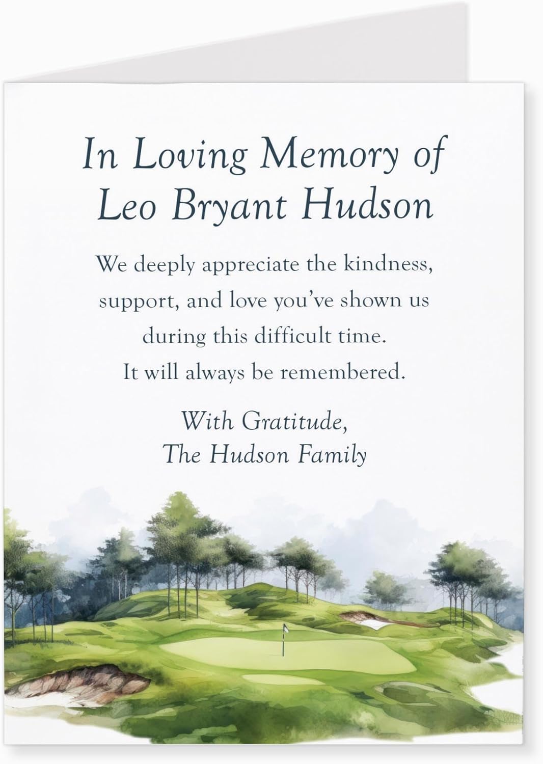 Golf Sympathy Thank You Cards, In Loving Memory Watercolor Funeral Thank You, 4.25 x 5.5 (A2) Folded Memorial Cards, Custom Name Bereavement Acknowledgement with Envelopes (Folded Card)