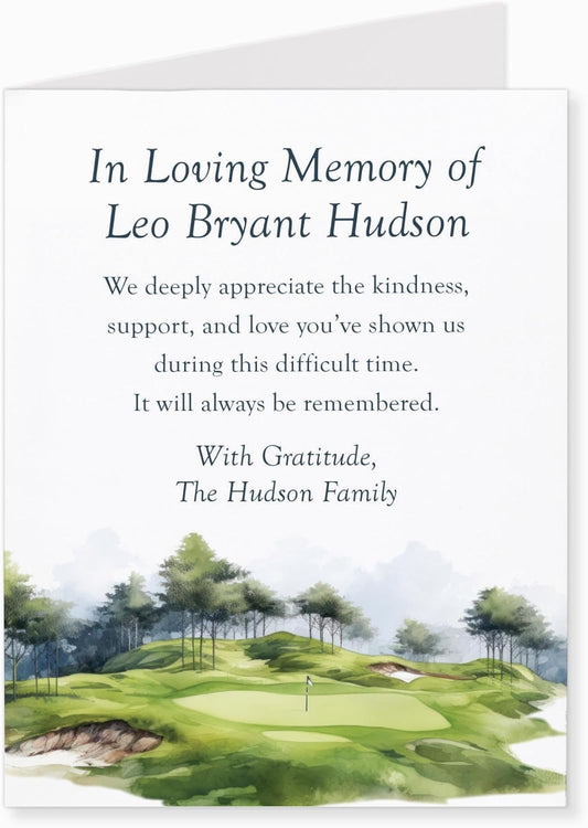Golf Sympathy Thank You Cards, In Loving Memory Watercolor Funeral Thank You, 4.25 x 5.5 (A2) Folded Memorial Cards, Custom Name Bereavement Acknowledgement with Envelopes (Folded Card)