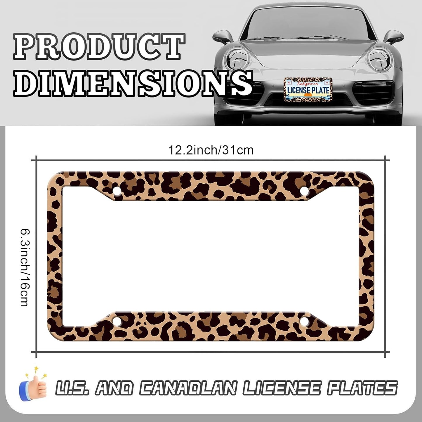 Leopard Print License Plate Frames - 2 Pack Front Rear Animal Brown Cheetah Print License Plates Holder Covers, Aluminum Metal Rust-Proof Waterproof Car Tag Frame with Screws Fasteners Caps