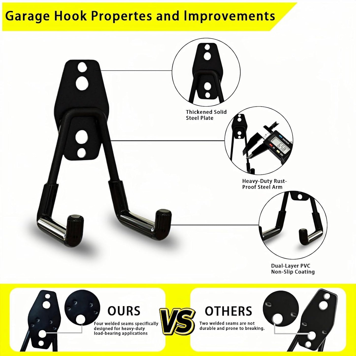 6 Pack Garage Hooks Heavy Duty with Anti-Slip Coating, Steel Utility Ladder Hooks for Hanging Garden Tools, Hoses, Ropes, Bikes and More (3in)