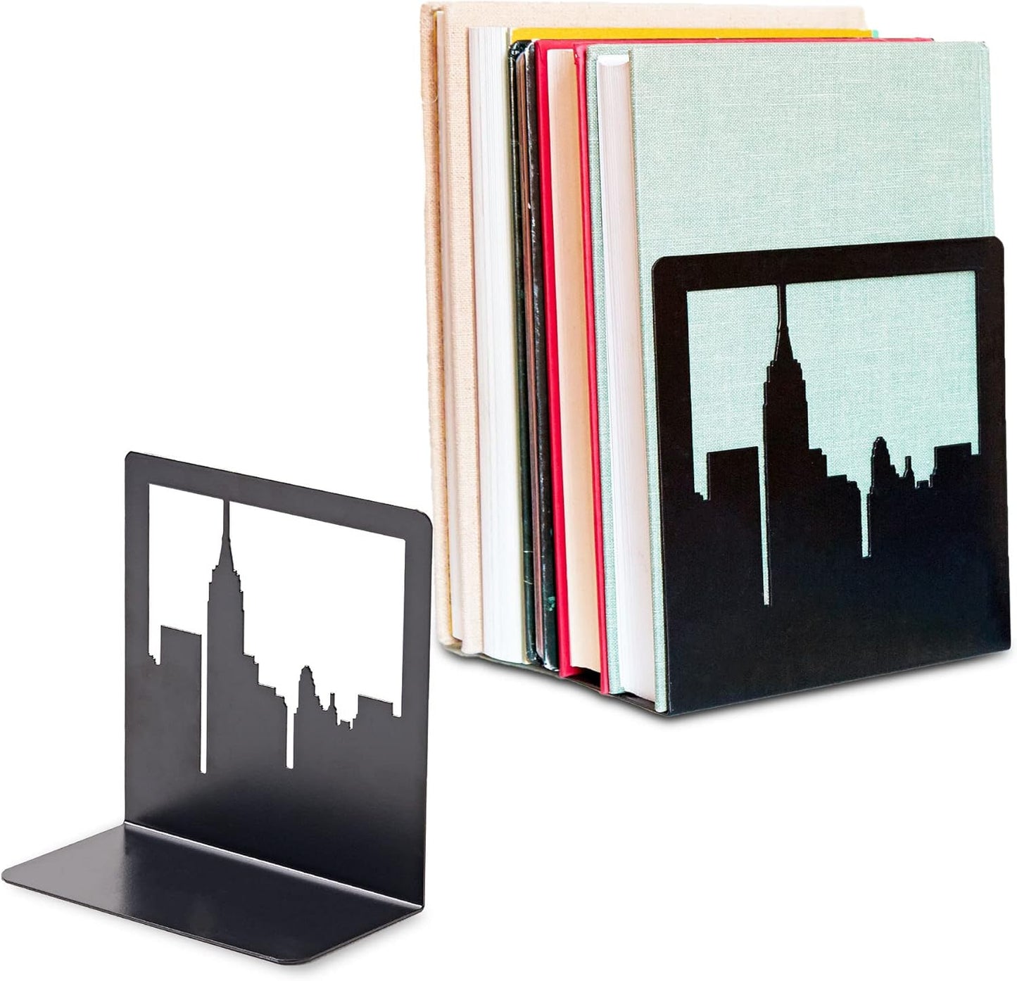 Geomod Decorative New York City NYC Skyline Metal Bookends (Black, 1 Pair) Book Ends for Tables, Desks, Shelves | Bookends to Hold Tall, Hardback Books…