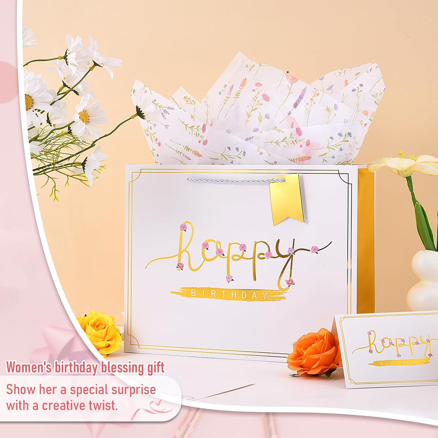 13" White Happy Birthday Gift Bag with Tissue Paper and Greeting Card for Party,Happy Birthday Gift Bag for Men and Women, Gift Bags Medium size (1 Pcs Hot Stamping)
