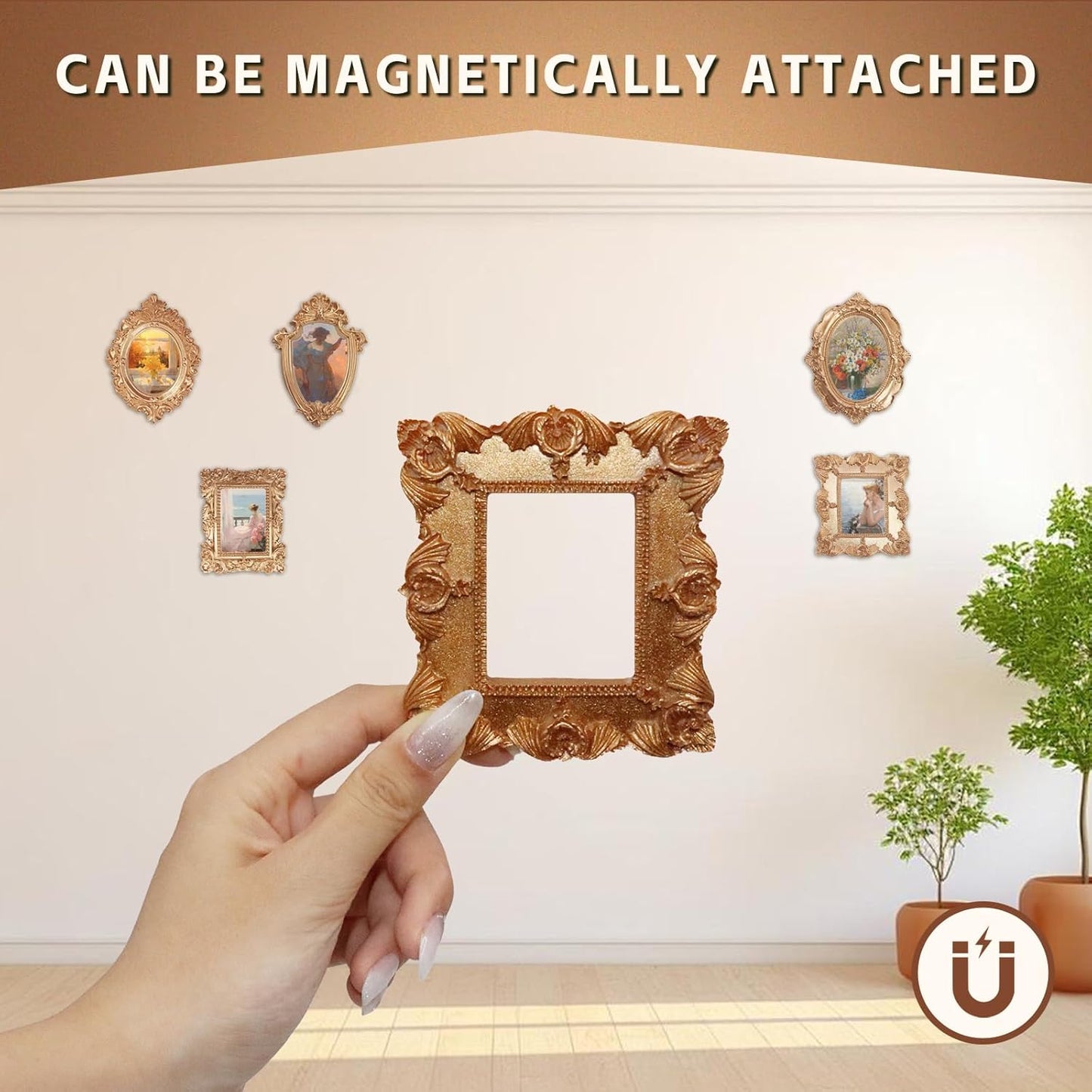 20 Pcs Mini Gold Picture Frames Small Vintage Frames Tiny Antique Photo Frame with Dot Glue and Magnetic Stickers for Home Hotel Christmas Decor Table Top Shooting Photo Props