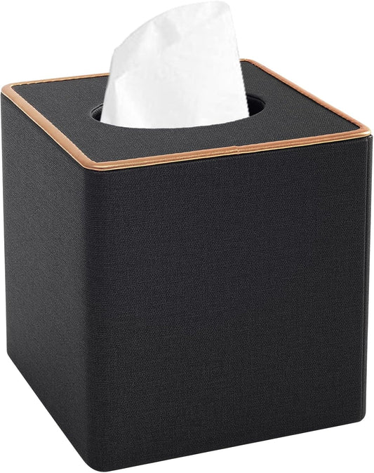Tissue Box Cover Square Tissue Box Holder PU Leather Facial Organizer with Magnetic Bottom,Decorative Napkin Caddy for Vanity Dresser Night Stand Table Countertop Home Office Car,Black